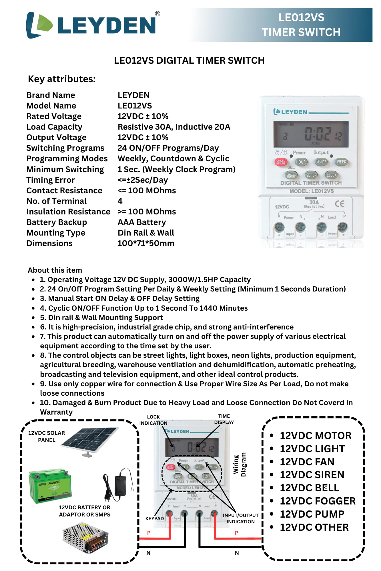LEYDEN® LE012VS, 12VDC, Digital Timer Switch 24 on Off Programs & Cyclic Timer for DC Light, Motor, Bell, Siren, Fan, Fogger, Hydroponic, Drip Irrigation & Other Application — Amazon image 7