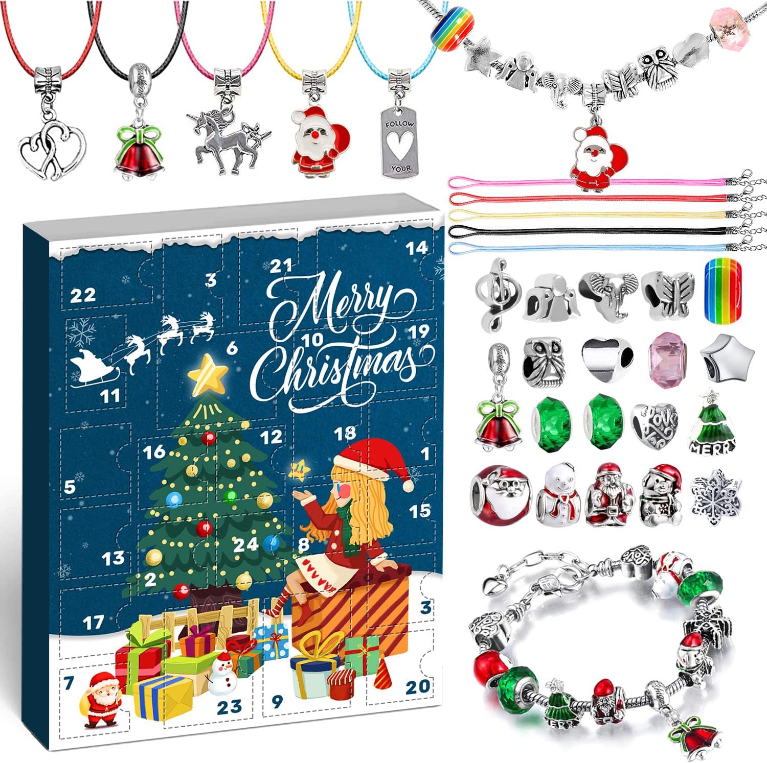 MOVINPE Charm Bracelet Advent Calendar Making Kit with Beads for Girls 2023 Christmas 2 Bracelet 5 Necklace DIY Xmas Craft Gifts Countdown to Christmas Holiday Pendant for Daughter Teens Girl