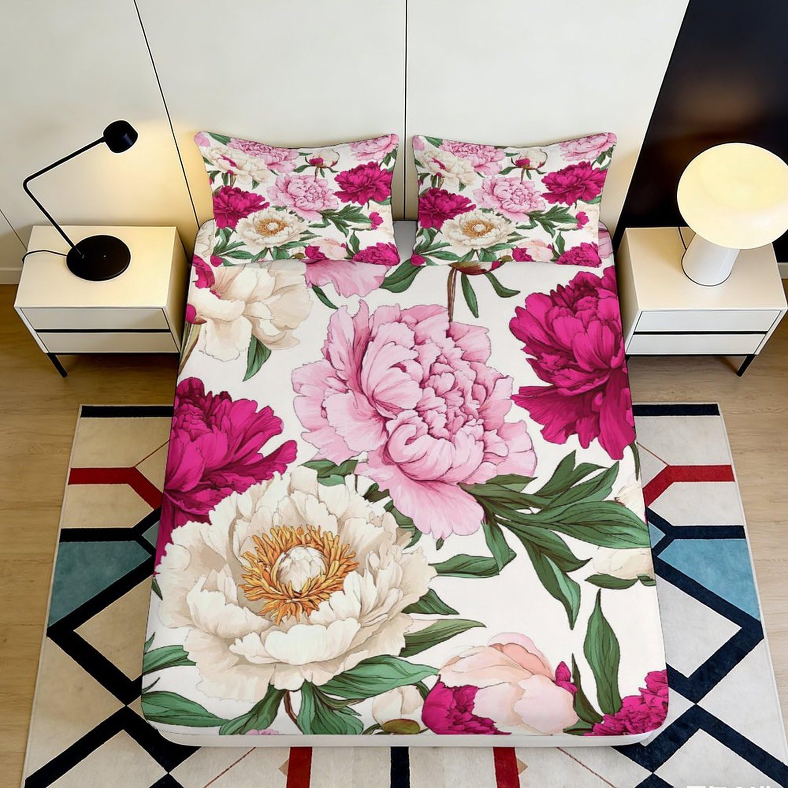Pnayamiorkfel Style-3 3D Printed Peony Blossom Fitted Sheet Microfiber Soft Elegant Floral Bed Cover For Bedroom Guest Room Decor 90X200x25cm