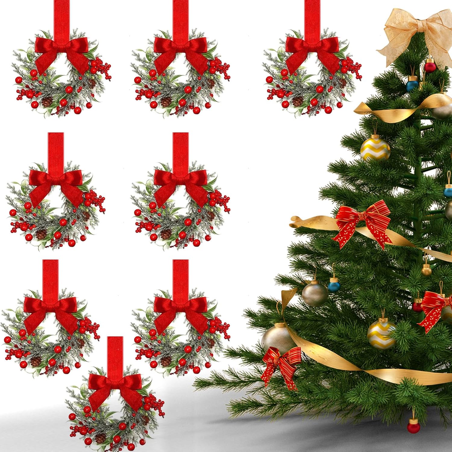 2026 New 6 Pack Mini Christmas Wreaths with Red Ribbon Bows, 7" Artificial Norfolk Pine Wreaths for Kitchen Cabinets, Windows, Doors, Walls, and Farmhouse Holiday Decor (8 Pcs)