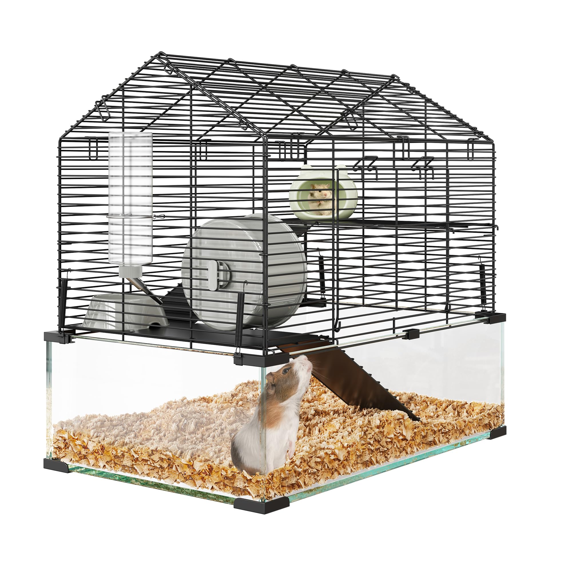 Hamsterkäfig aus Glas und Metallgitter, 360°-Sicht Hamsterlebensraum, Kleintierkäfig 58x39x54 cm, Belüfteter Mäusekäfig mit Wasserflasche, Tragbares Hamsterhaus für Ratten, Meerschweinchen
