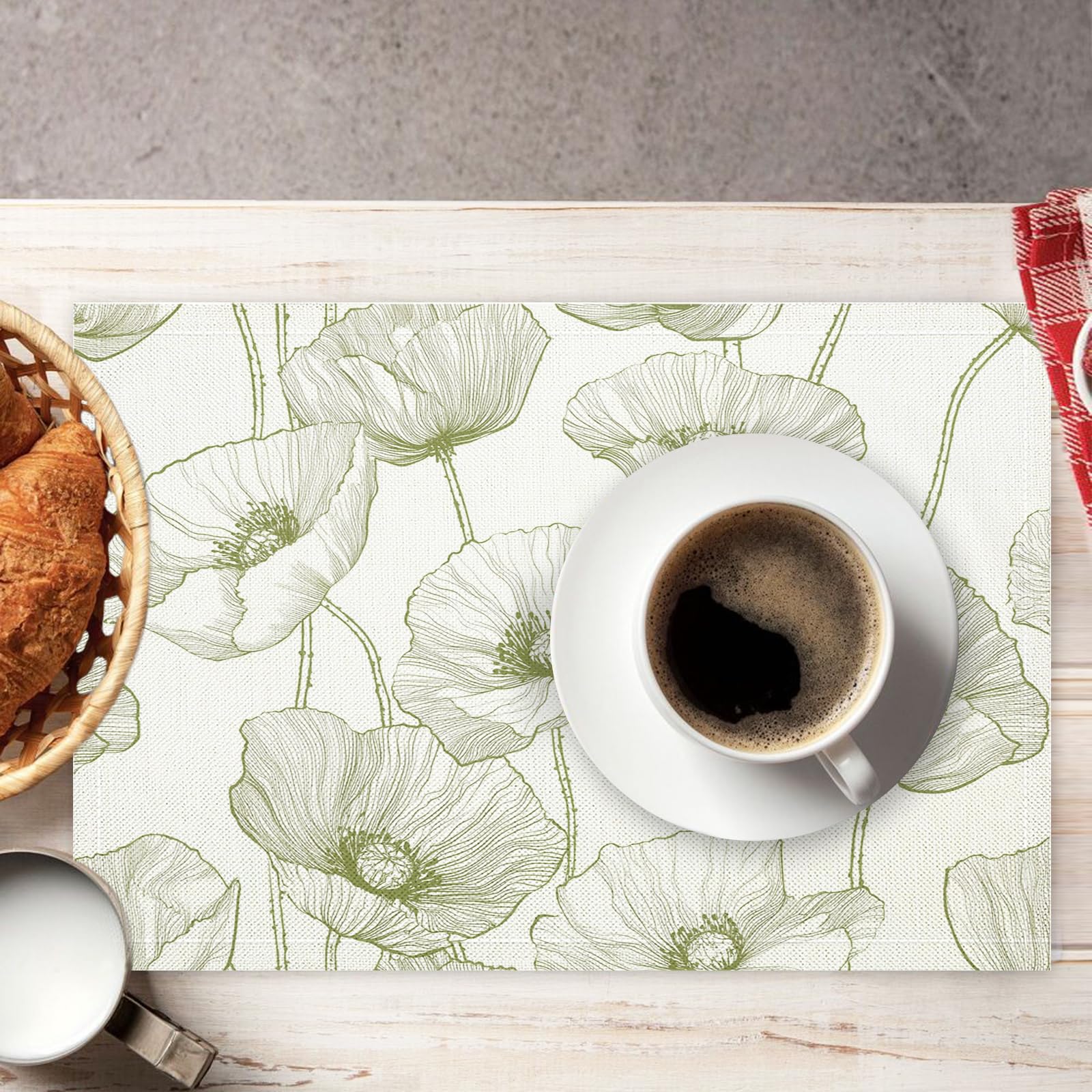 Lot de 8 Set Table Dessin Au Trait en Lavable en Machine, Réutilisable Rectangulaire Lin de Coton Set de Table Résistant à la Chaleur (Fleurs Vertes,30×45 cm)