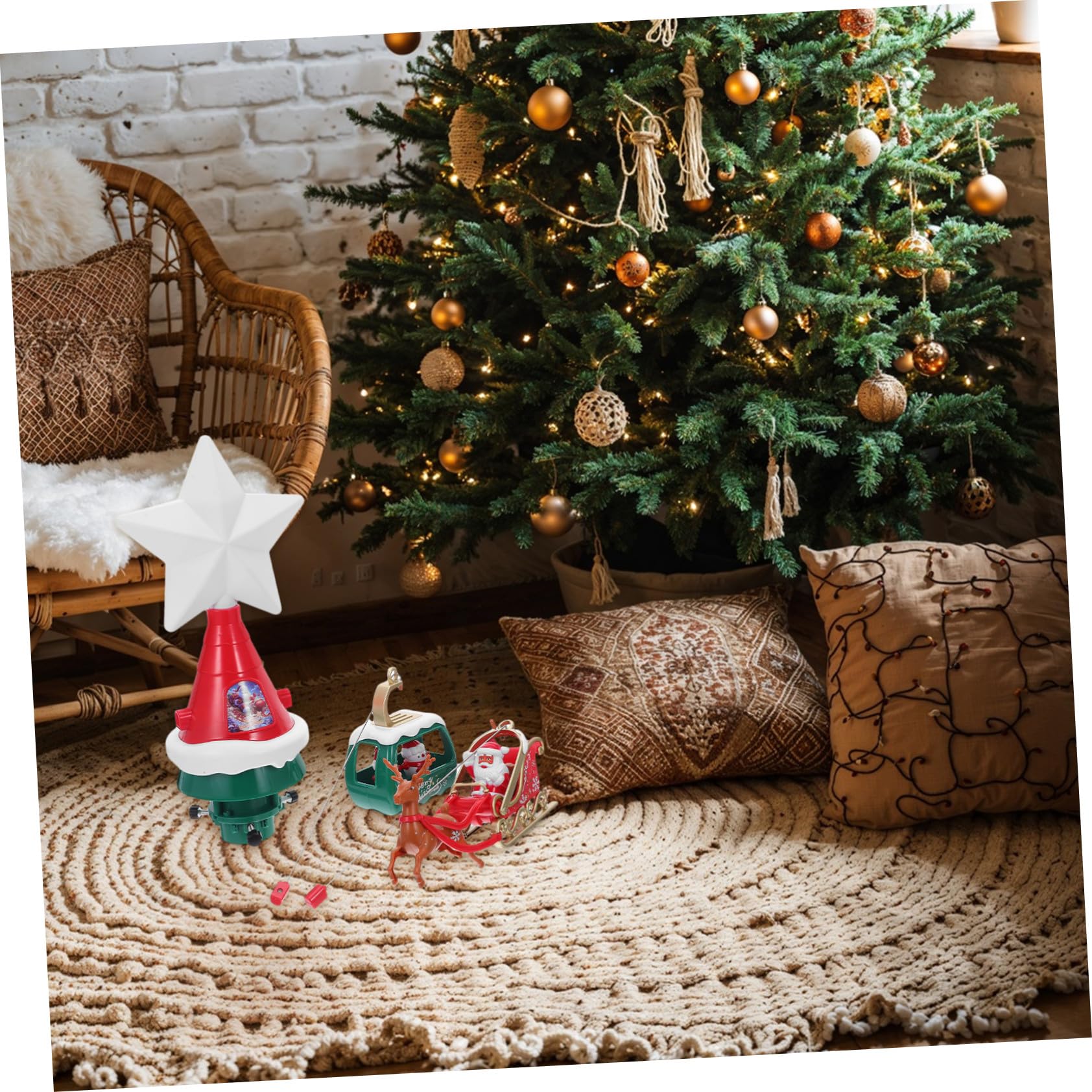 Rotating Christmas Star Topper con Luces LED y Música Adorno Eléctrico con Papá Noel y Renos Estrella Iluminada para Decoración Navideña de Árbol Fiesta y Hogar