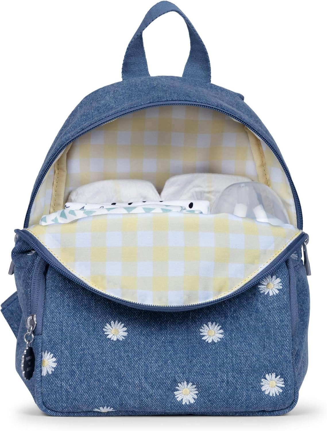 JuJuBe Mini Diaper Bag Backpack, Machine Washable Travel Backpack w/Adjustable Straps & 2 Pockets for Baby Bottles, Diapers, Pacifiers, Snacks, Changing Pad & Daily Essentials, Denim & Daisies (Blue)