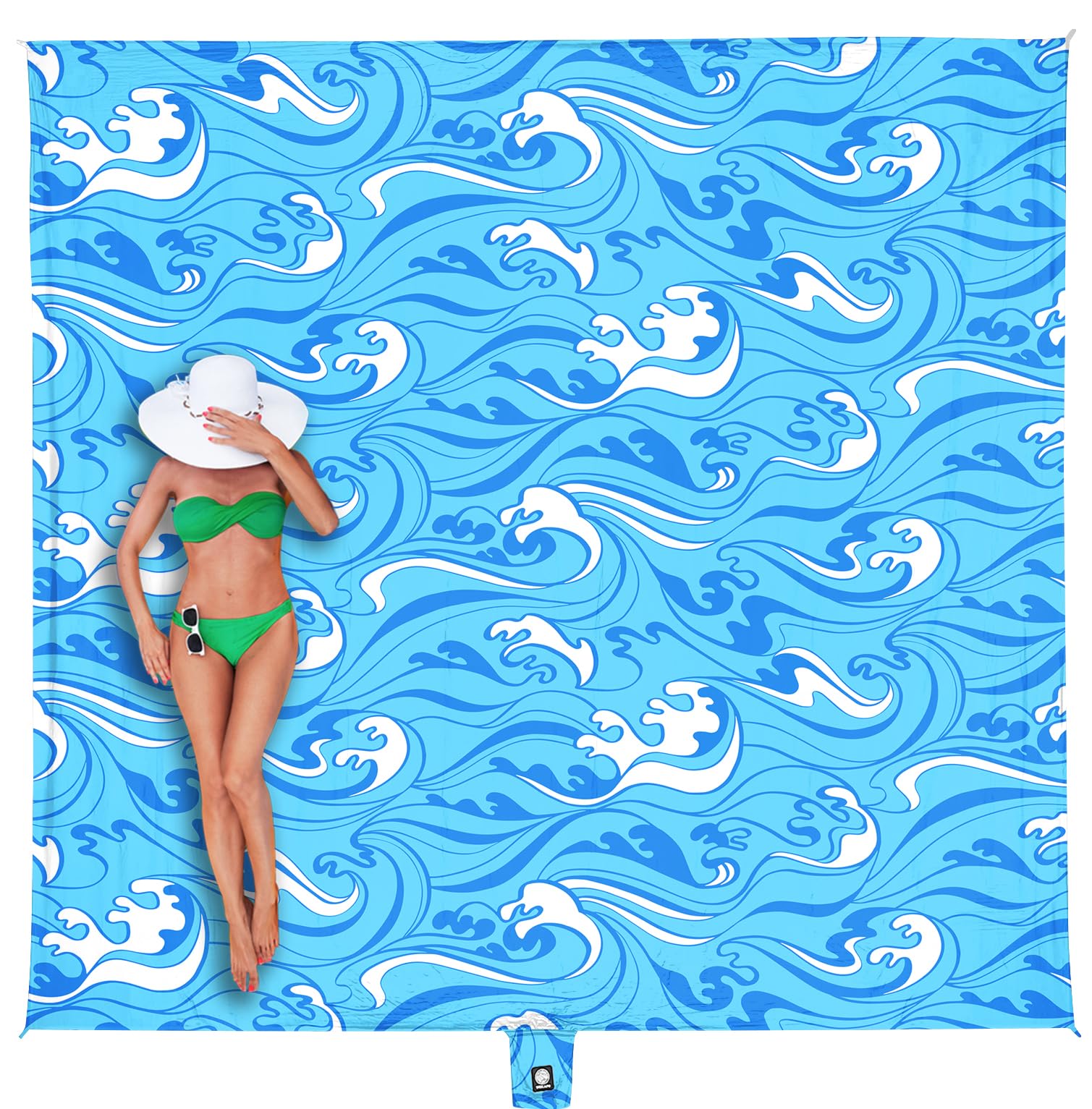 WEKAPO Beach Blanket Waterproof Sandproof Oversized - 8 Ft X 7 Ft Large Sand Free Beach Mat with Stakes, Essentials for Outdoor Beach, Picnic, Travel (Blue Ocean Waves, 8 X 7 FT (1~4 Person))