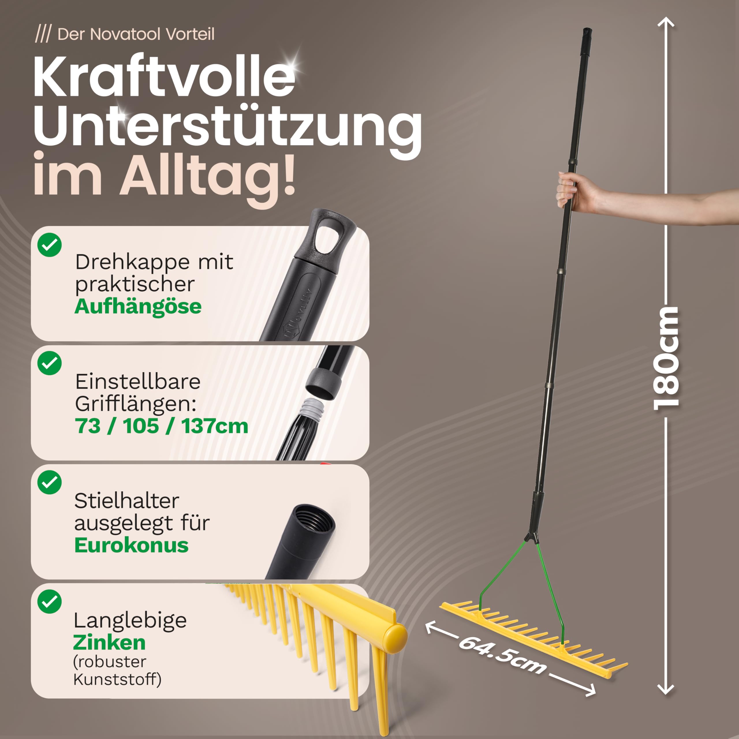 Novatool Rastrillo de jardín con borde de extracción, 16 dientes y 4 piezas con mango de tornillo y ranura, ancho de trabajo 64,5 cm, rastrillo de plástico y metal, recogehojas para el jardín