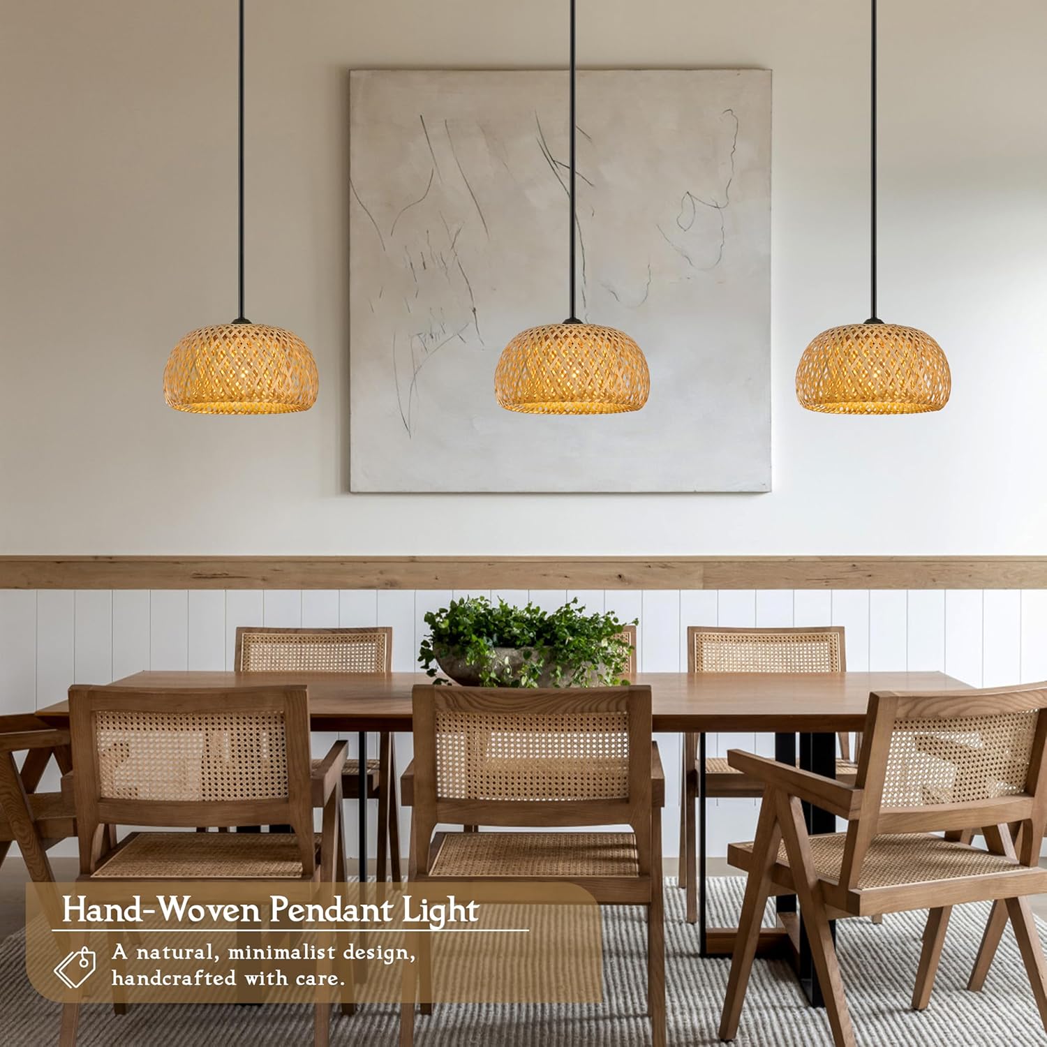 12" Bamboo Pendants Light Wicker Pendant Lights Boho Chandelier Adjustable Rustic Basket Rattan Pendant Wicker Light Fixture Woven Pendants for Kitchen Island Dining Room (Bulb Incl.)