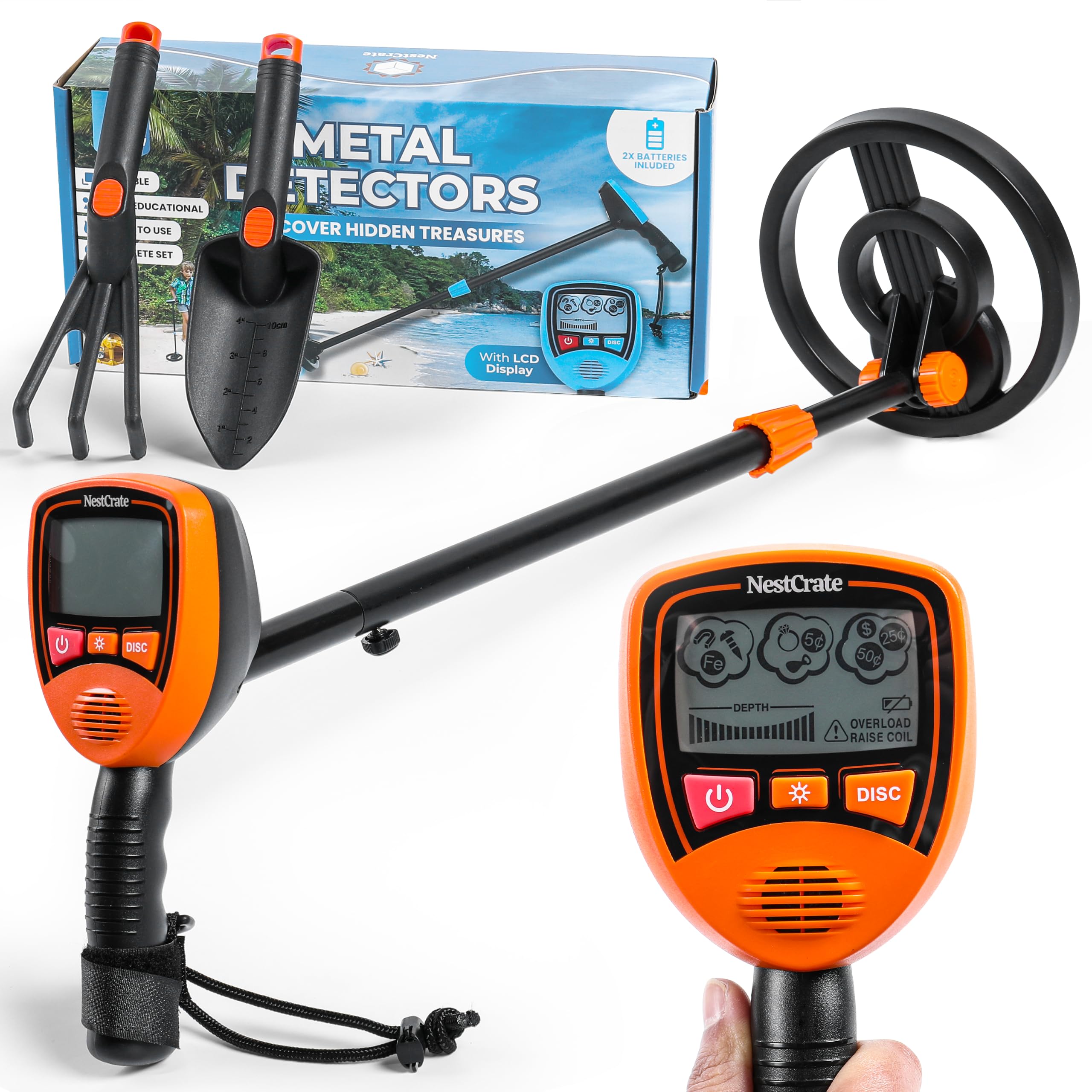 Detector de metales para niños – Detector de metales inalámbrico con bobina impermeable, longitud ajustable, rastrillo de mano de 3 puntas y paleta para detectar objetos pequeños de hasta 4