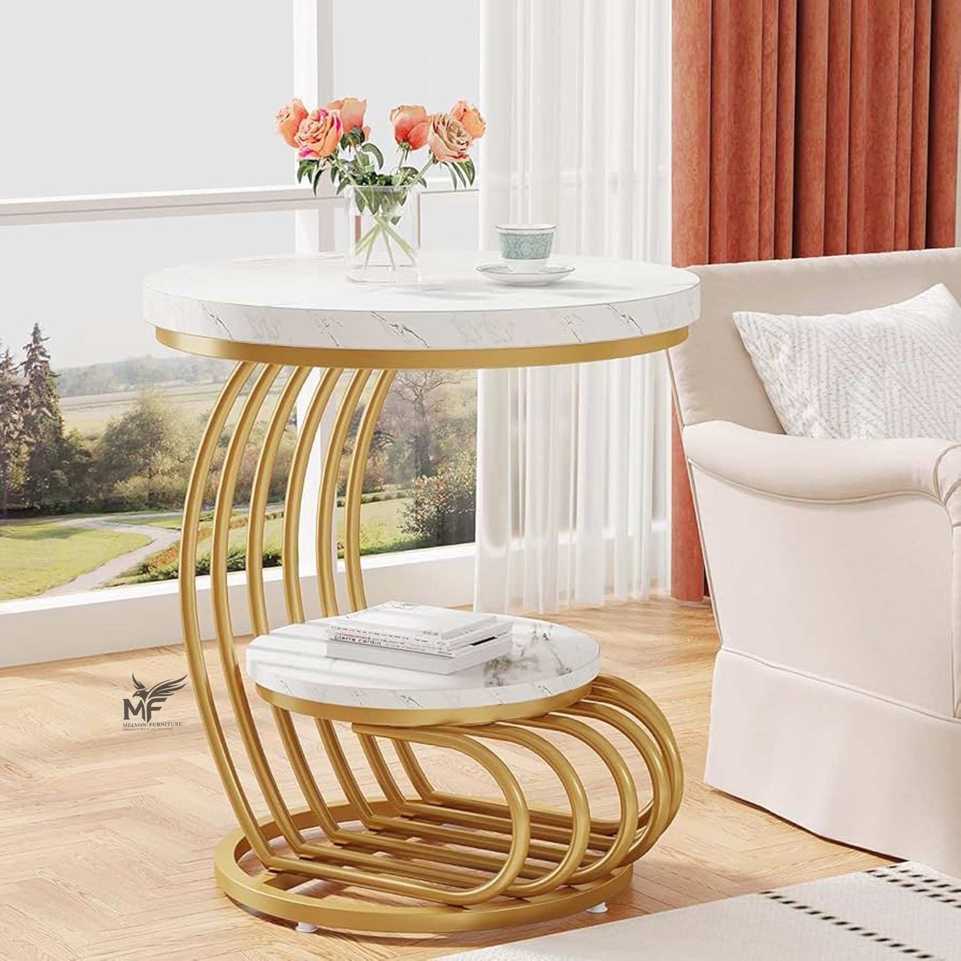 MELVON Furniture Round Metal End Table for Living Room, White Marble Look Engineered Wood Top, 2 Tier Storage, Golden Metal Frame, 24 & 16 Inch, Gold & White-image-1