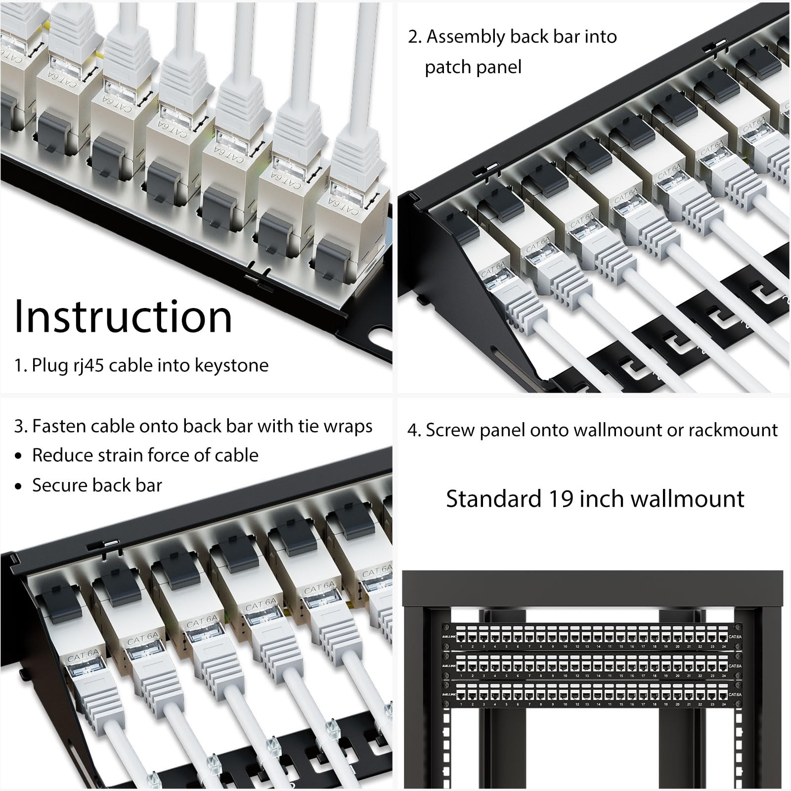 iwillink Patch Panel da 10 Gbps a 24 porte, RJ45 schermato tramite pannello patch Cat6A, pannelli patch 1U STP da 19 pollici con trapezoidale in linea e barra posteriore rimovibile
