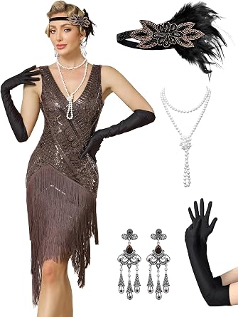 Womens Flapper Dresses Set 1920s V Neck Beaded Fringed Great Gatsby Dress with Accessories Set