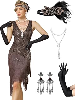 Women’s Flapper Dresses Set 1920s V Neck Beaded Fringed Great Gatsby Dress with Accessories Set
