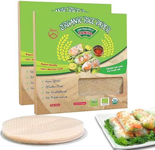 TANISA 2 Packs, 76 Sheets Organic Spring Roll Rice Paper Wrapper for Fresh roll (22cm, Round, 12 oz/pack), NON GMO, GLUTEN FREE, Made In Vietnam, Banh Trang Goi Cuon