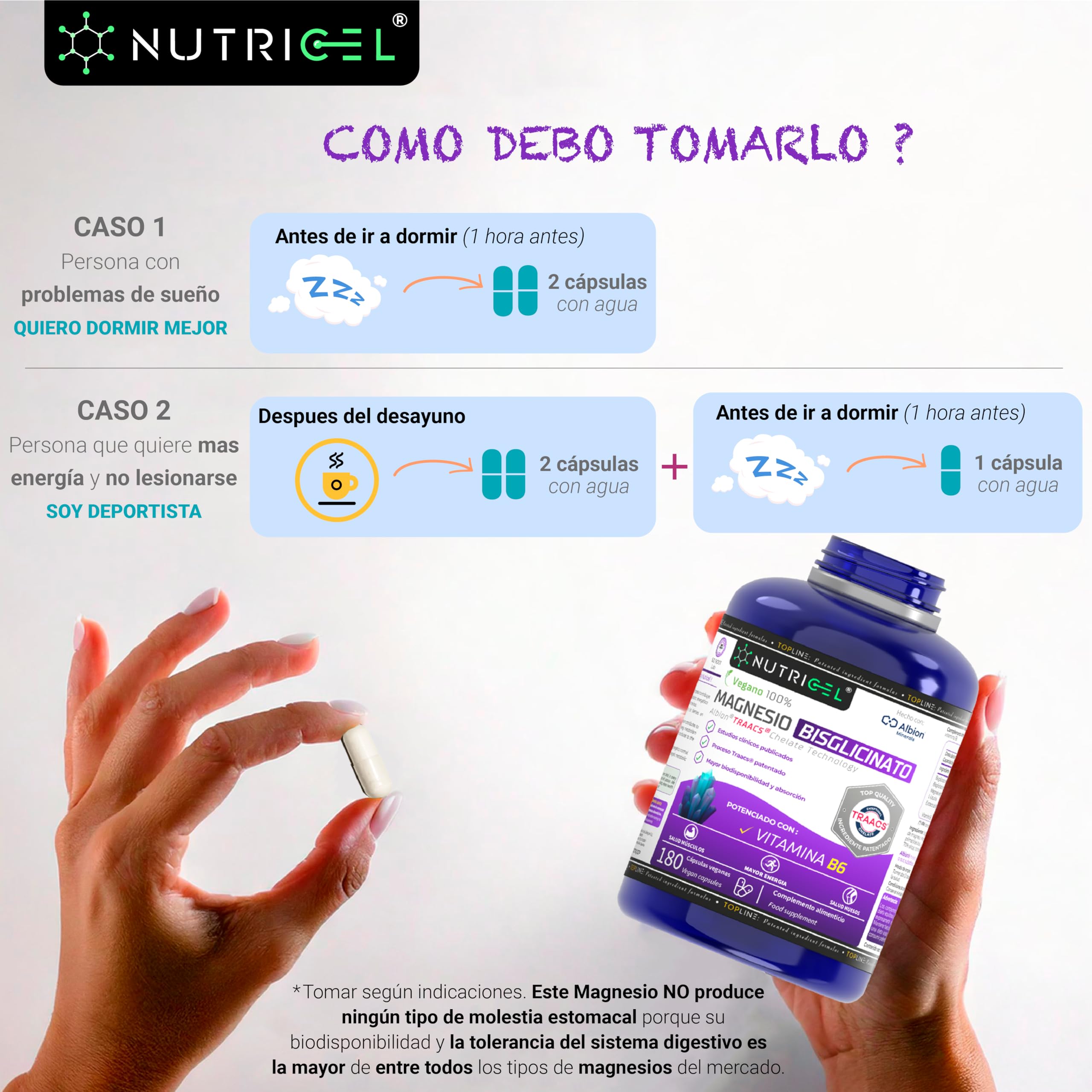 Glicinato de magnesio + Vitamina B6-375 mg de magnesium elemental/dosis diaria - suministro para 2 meses con 180 cápsulas - magnesio quelado - mejora sueño y fatiga - 100% vegano, alta dosificación