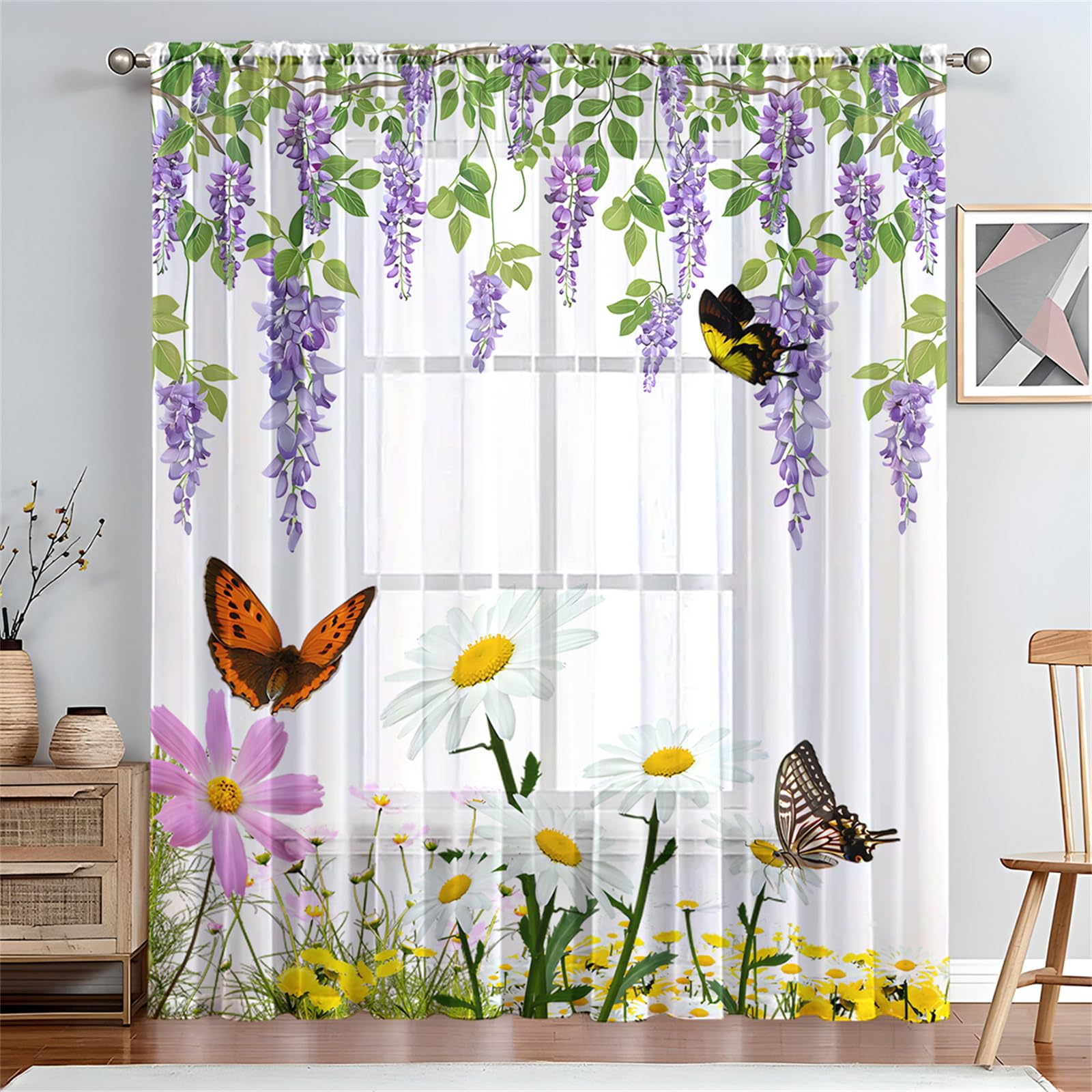 Surwin Net Curtains for Windows, Voile Curtain, 1 Panels Romantic Butterfly Print with Eyelets, Semi Transparent Lightweight Voile Panel for Living Room Bedroom Balcony (Purple,W100xH130cm)