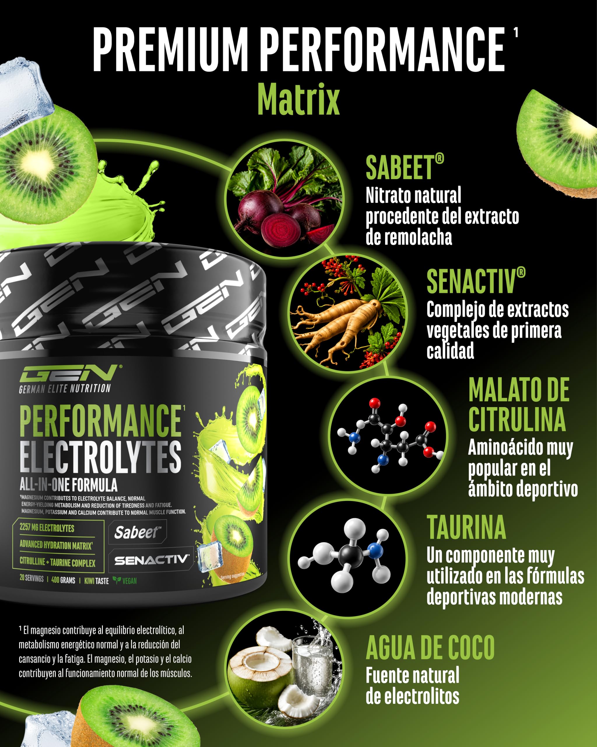 Performance Electrolytes - 400 g (20 Porciones) - Advanced Hydration Matrix con Sodio, Potasio, Magnesio, Calcio y Cloruro - con Citrulina y Taurina - Sin Azúcar - Vegano - Sabor Kiwi