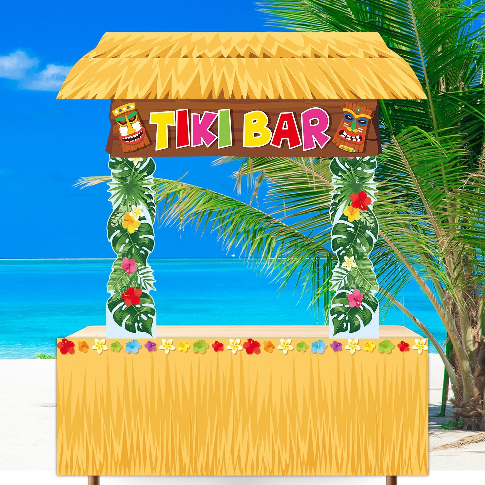 4PCS Hawaiian Tiki Bar Decoration Tiki Hut Door Banner Decoration Palm Leaves Grass Table Skirt Hanging Backdrop for Summer Aloha Tropical Beach Pool