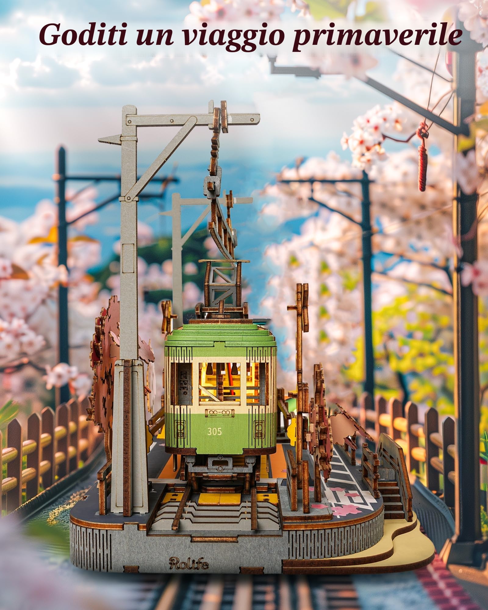 Rolife 3D Puzzle Viaggio Sakura Puzzle in Legno per Adulti da Costruire Kit Modello Sakura Densya con Luci LED Animazione Scena Casa Decorazione Regali di Compleanno Romantici per Lei/Lui