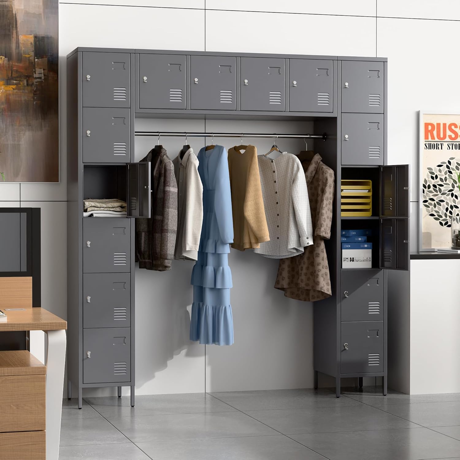 Lockers for Employees, 78" H Metal Storage Lockers with 16 Doors and Hanging Rod for Office, Home, School, Gym, Assembly Required, Dark Gray