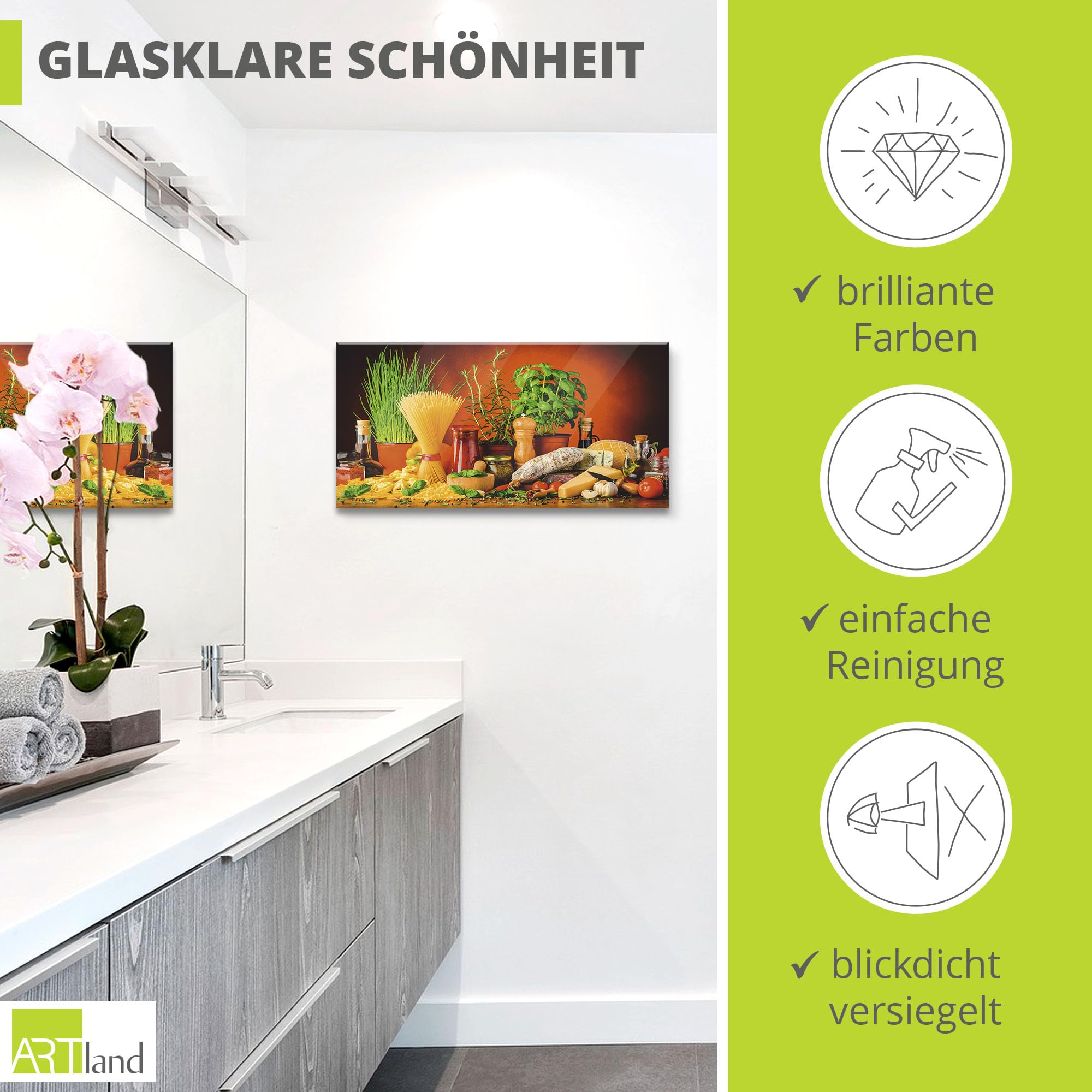 ARTland Wanddeko Glasbilder Wandbild Glas Bild einteilig 80x60 cm Querformat Toskana Italien Dolce Vita Pasta Gemüse Kräuter Gewürze Mediterran S7SM