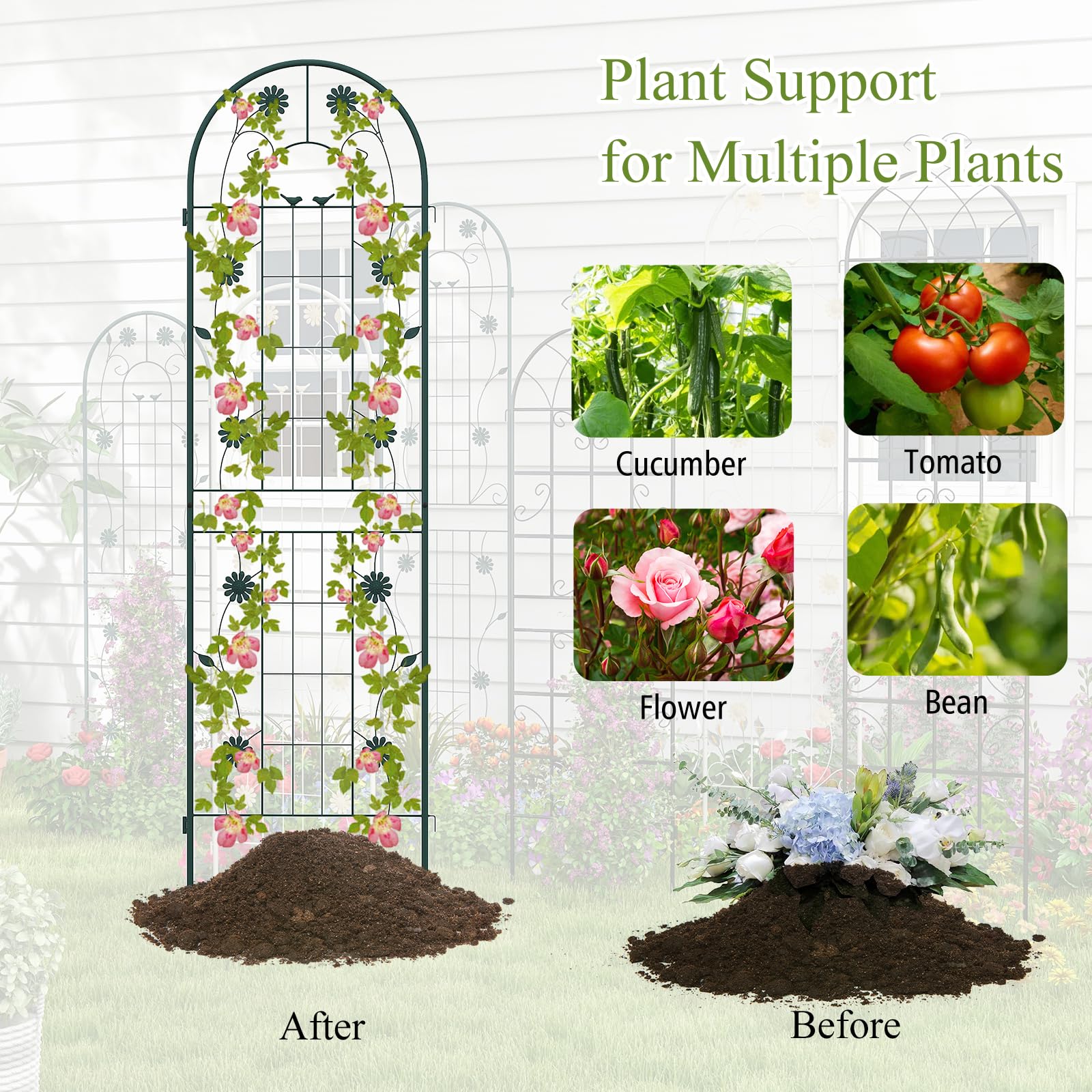 HOMASIS Rankgitter Metall, Spalier für Kletterpflanzen, Rankhilfe zum Stecken, dekorative Gartenspalier Gartenzaun Rankspalier für Rosen Blumen Tomaten (Grün,220x50cm,2)