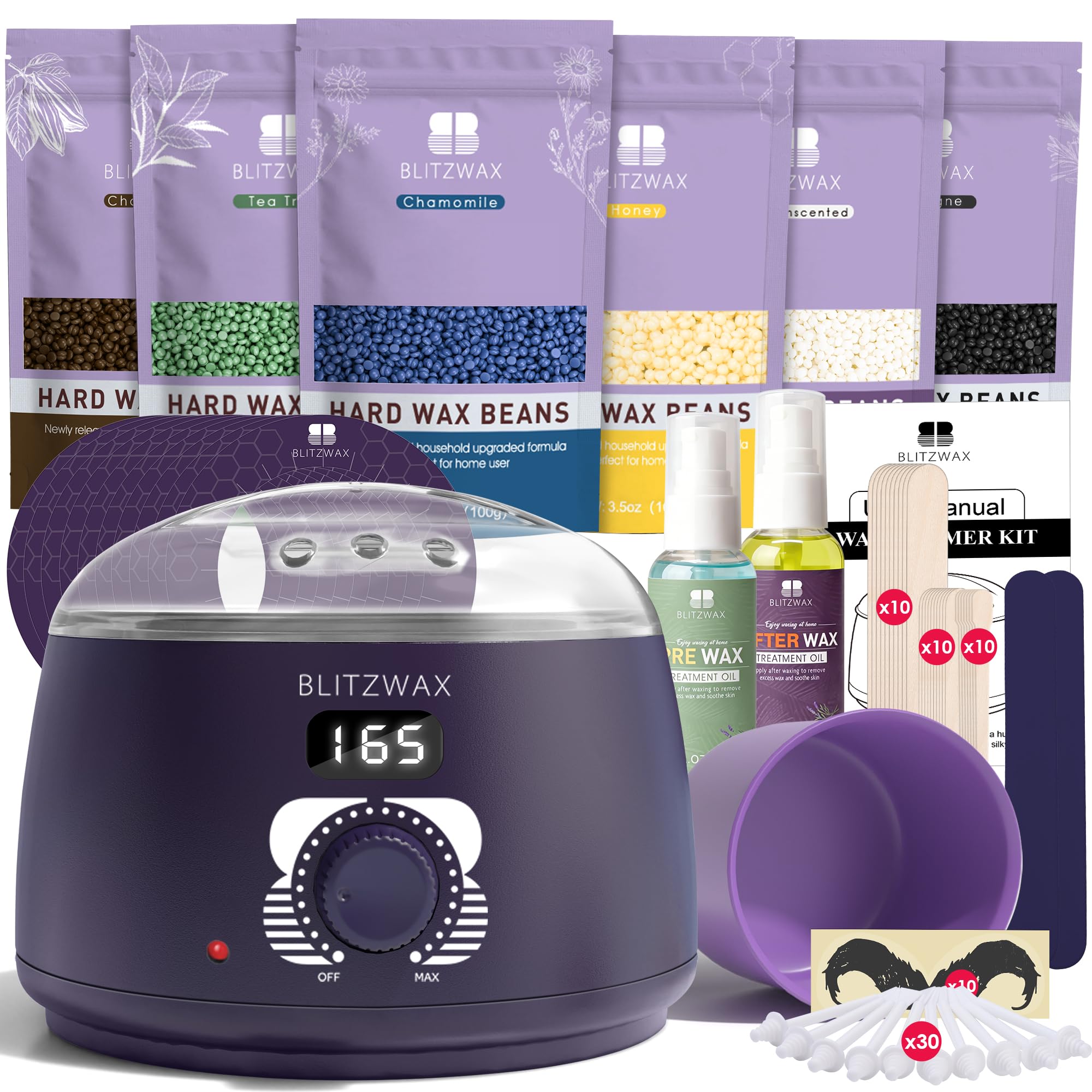 BLITZWAX Brazilian and Bikini Waxing Kit for Men, Hard Wax Warmer for Face, Legs, and Body, At Home Hair Removal Kit, Beginner Friendly, Quick Heating