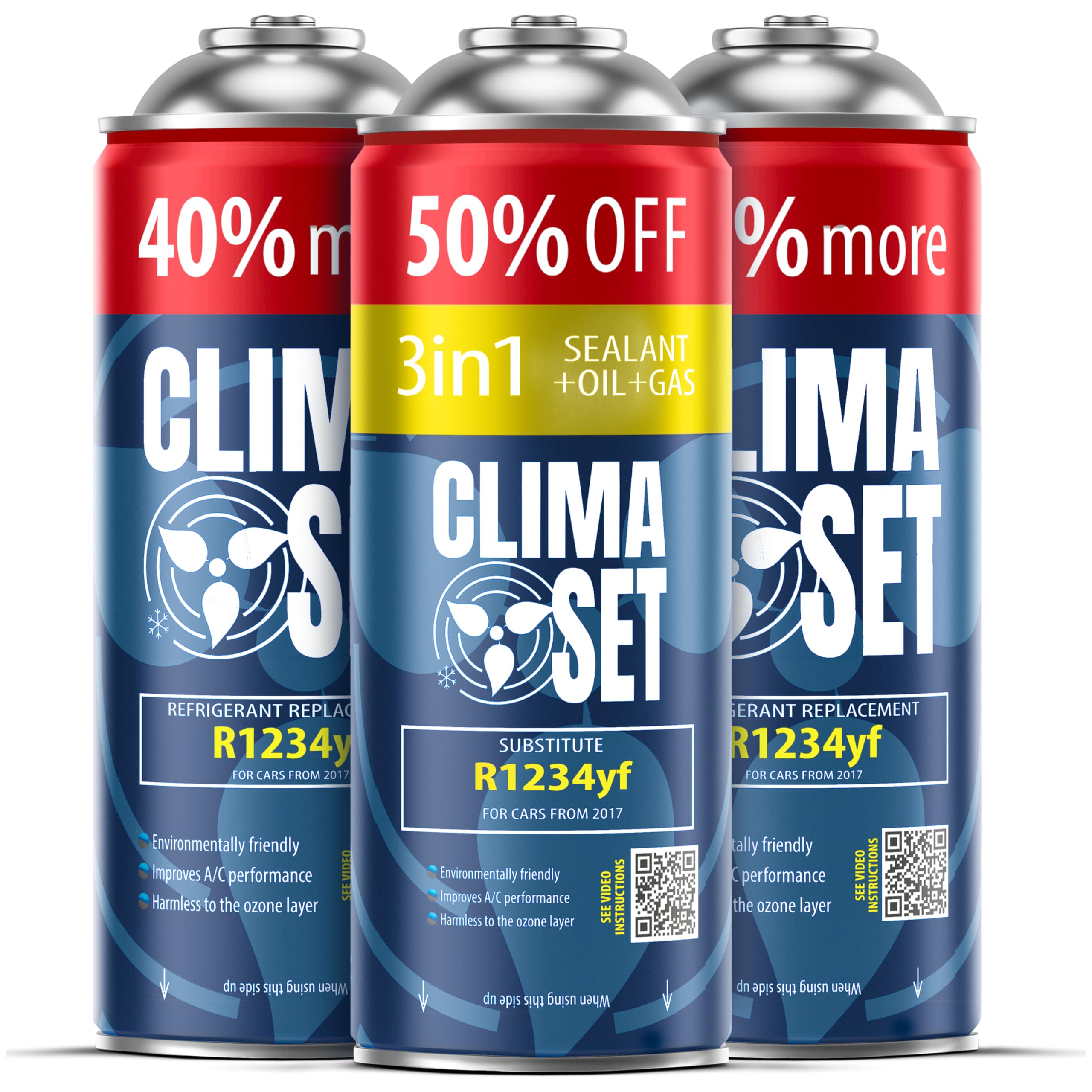 CLIMASET - 3-In-1 R 1234yf Ricarica Aria Condizionata, Olio, Sigillante Perdite XL e 2x R1234yf XL - Kit di Ricarica Gas AC - Kit di Ricarica Aria Condizionata Auto