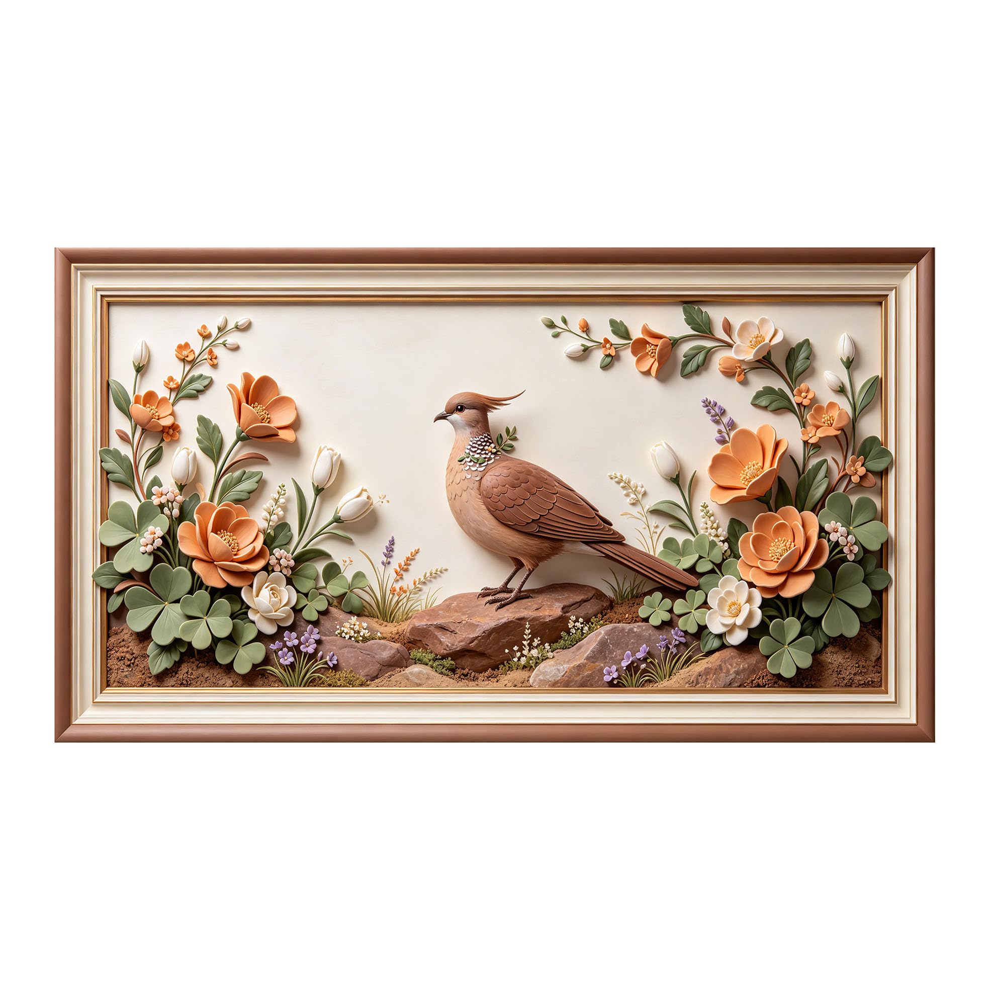 Yzpallescene 3D 3D Framed Wall Art 50cm×90cm Bird and Floral Botanical Pastoral Relief Effect Large Size SelfAdhesive Removable Wall Decor Prints Artwork for Living Room Bedroom Office