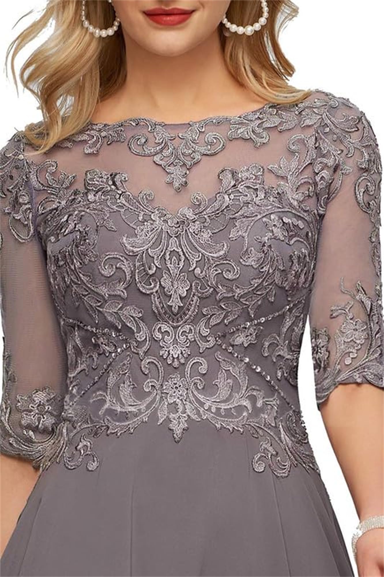 Tee Länge Brautmutterkleider Spitze Kleider für die Mutter der Braut Damen Elegant Chiffon A-Linie Abendkleid mit 1/2 Ärmel