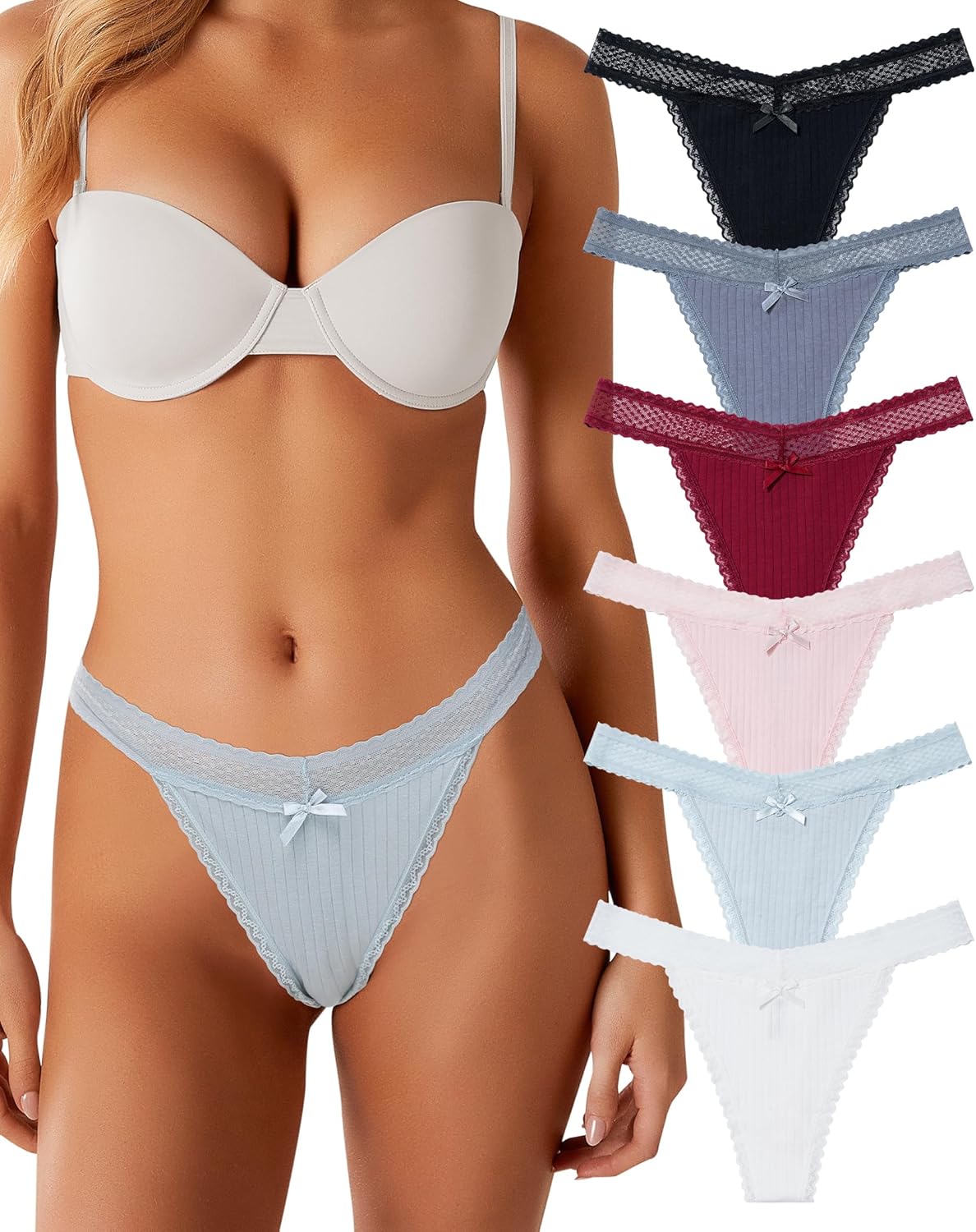 LEVAO Seamless Thongs for Women G-Strings Lace Thongs No Show Thong Underwear Lace Panties Women Underwear Cotton Thongs Medium (6 Pack)multicolor a