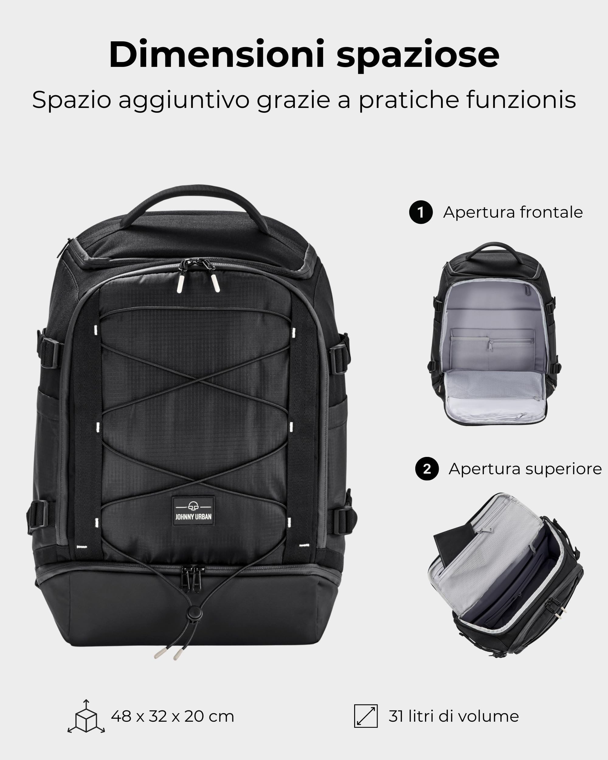 Johnny Urban Zaino Uomo Donna Nero - Jack - Zainetto Porta PC Da Lavoro Università Travel - Zaino Da Giorno Con Molti Scomparti - Idrorepellente