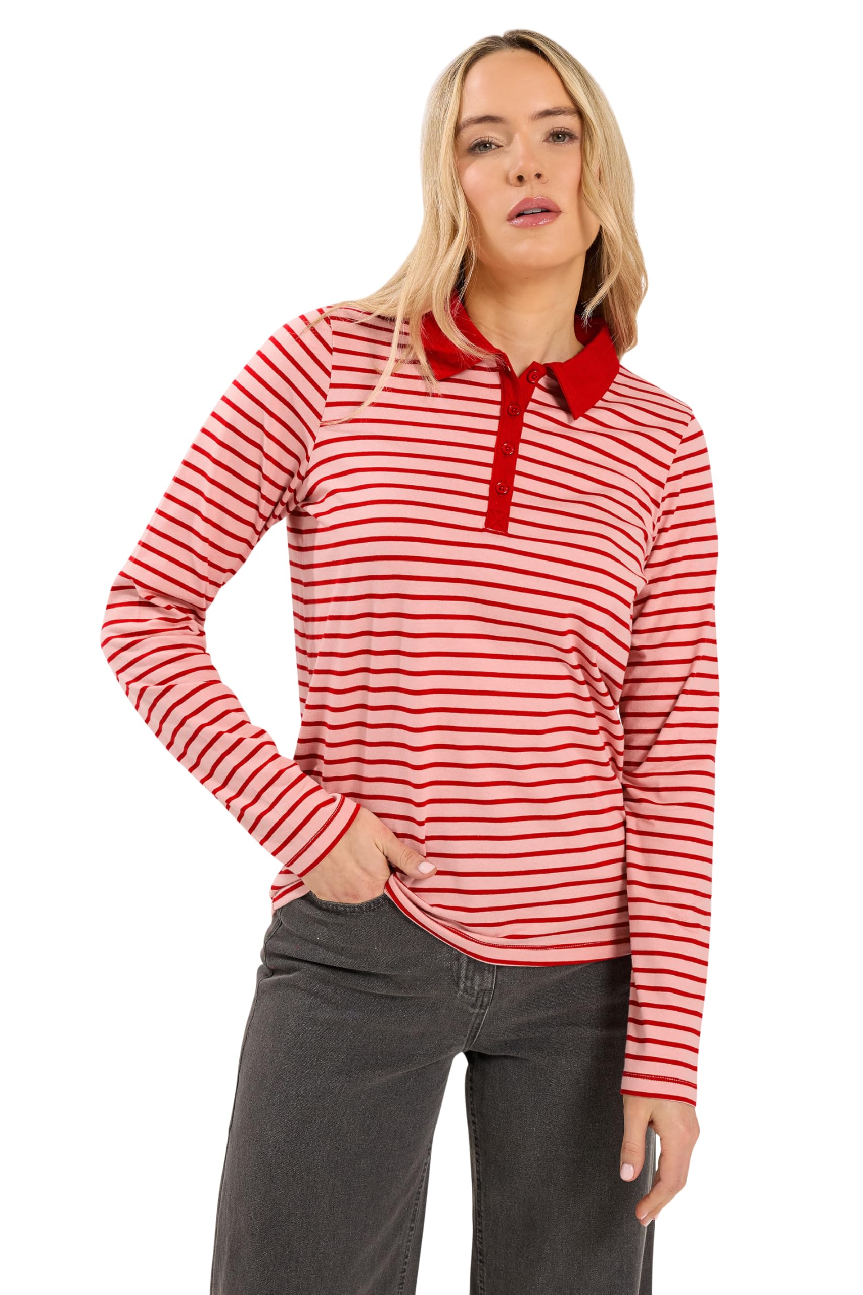 Long Tall Sally Women's Pink Tall Stripe Polo T-Shirt In | : Size 18