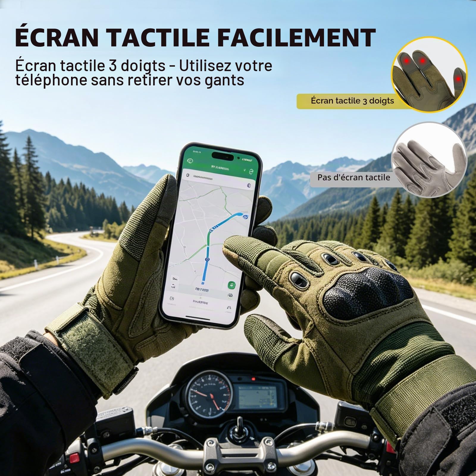 GES Gants de moto, gants de moto tactiles pour hommes avec doigts à écran tactile VTT conduisant des gants de motocross (Armée Verte, L)