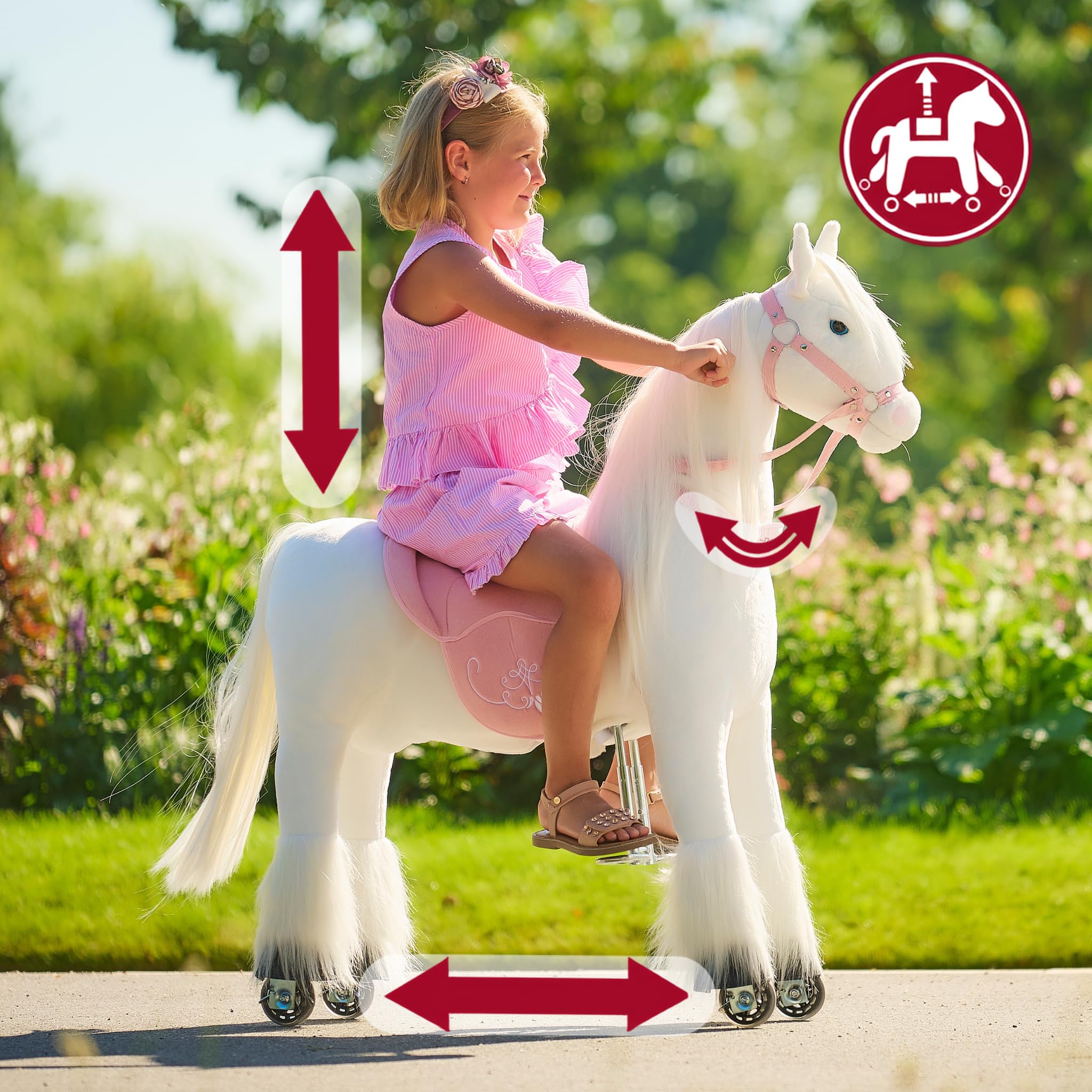 PONNIE Reitpferd mit Rollen Tiara M für Kinder 5-12 Jahre (50 kg) – Ohne Batterie – Mitwachsend Dank höhenverstellbarer Steigbügel – Kämmbar mit abnehmbarem rosa Sattel – Für drinnen&draußen – 107 cm