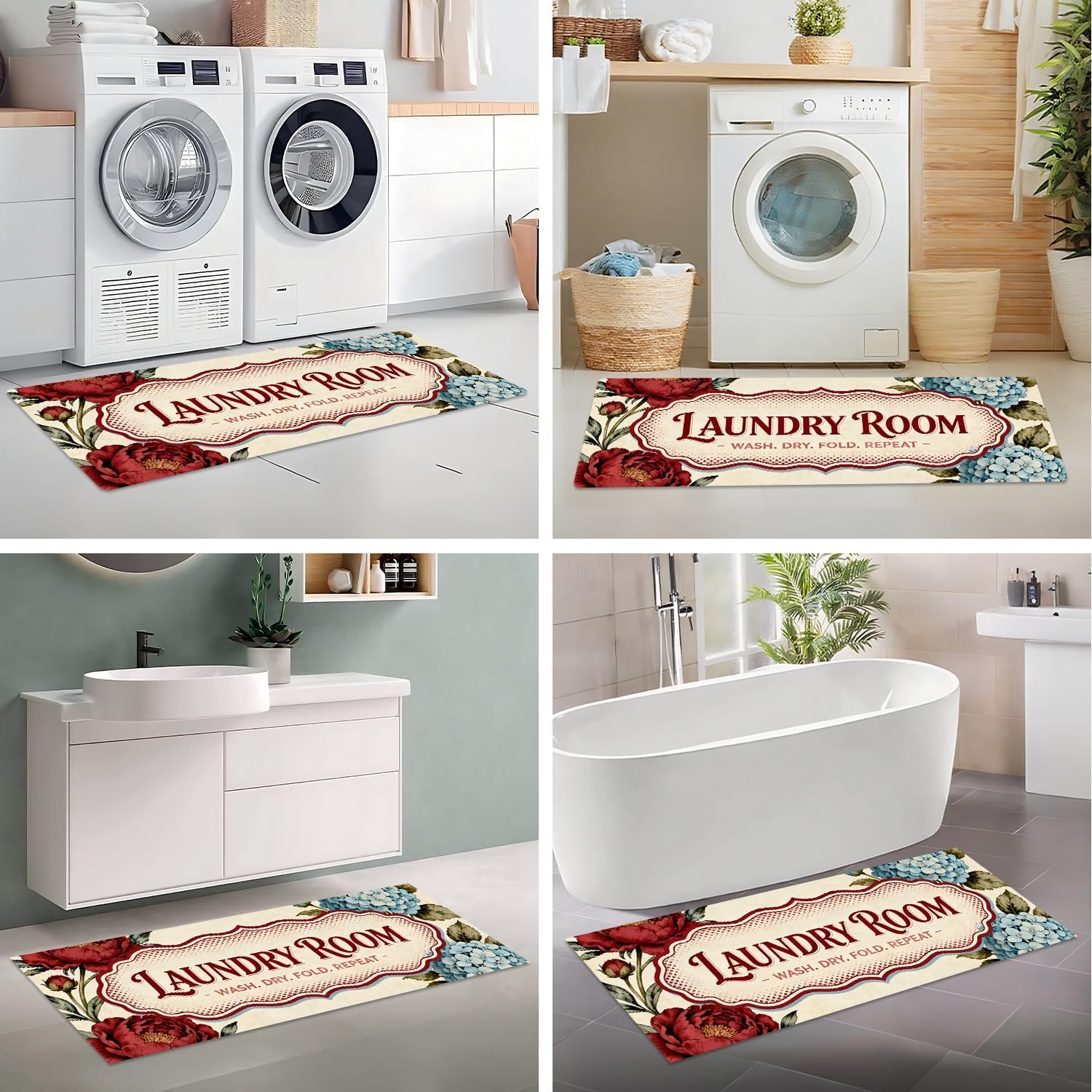 Laundry Room Rug Runner 47"x20" Non Slip Washable Floor Runner, Peony Floral with Vintage Lettering for Hallway Front Entrance Bathroom Decor