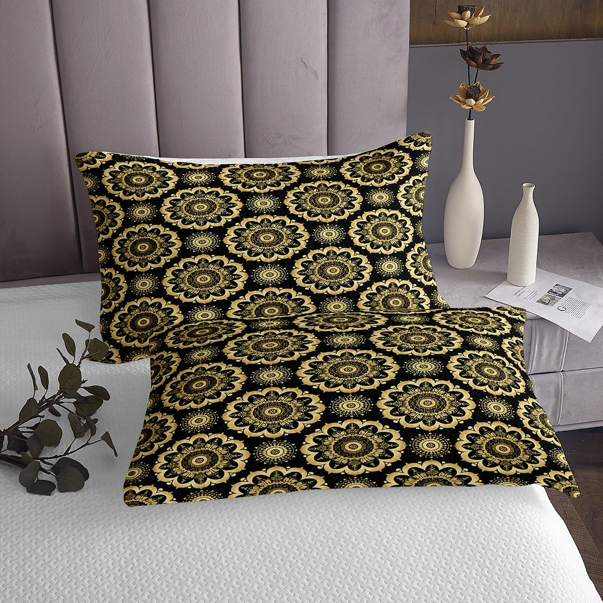 jejeloiu Paisley Coverlet Set Twin Size Damask Pattern Bedspread for Kids Boys Girls Black Gold Bedding Set European Pattern Bed Cover 2Pcs