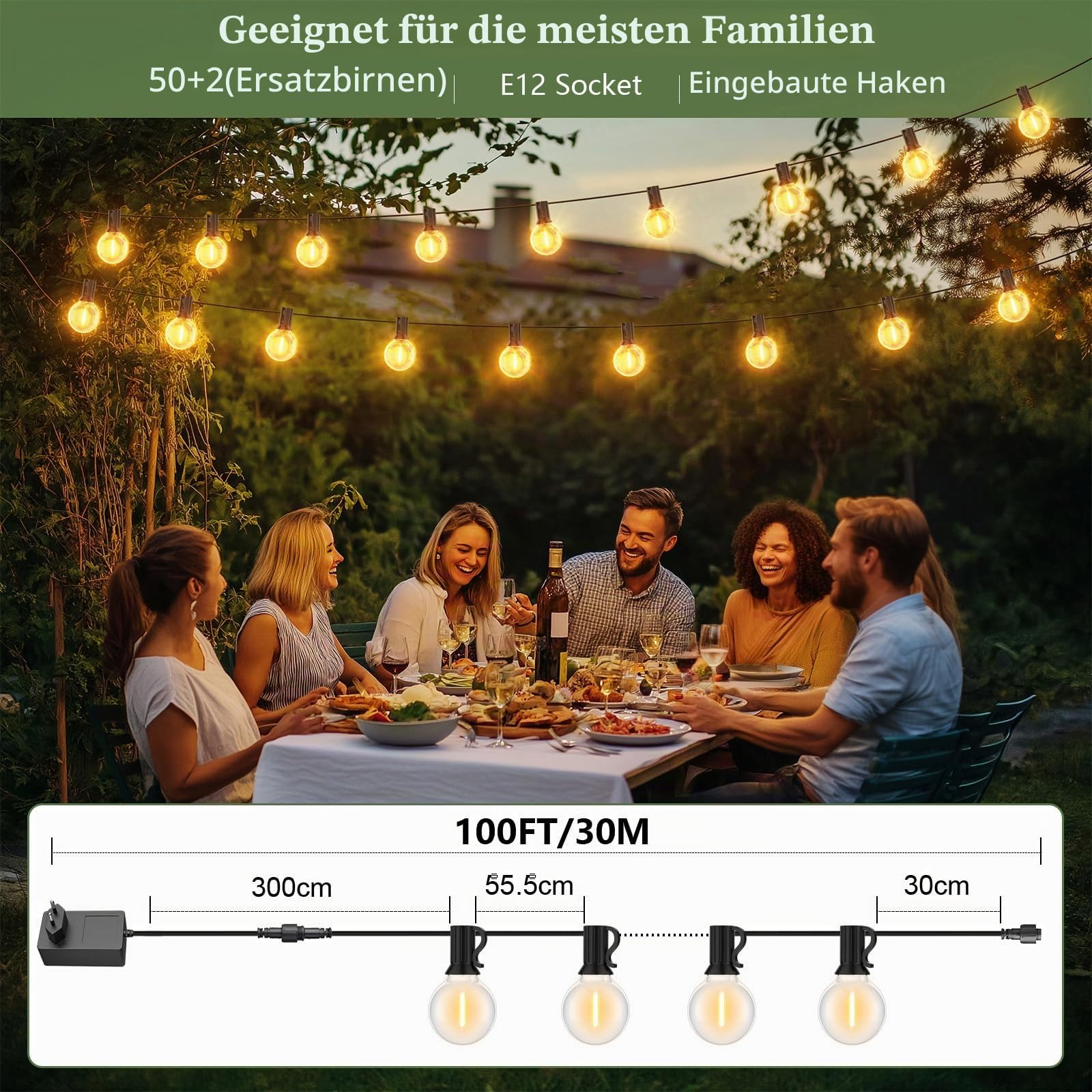 Lichterkette Außen, 30M Outdoor Lichterkette mit 50+2 Warmweiße G40 Glühbirnen Kunststoff, IP45 Wetterfestt Lichterketten für Außen & Innen Partys, Garten, Hochzeiten, Terrasse