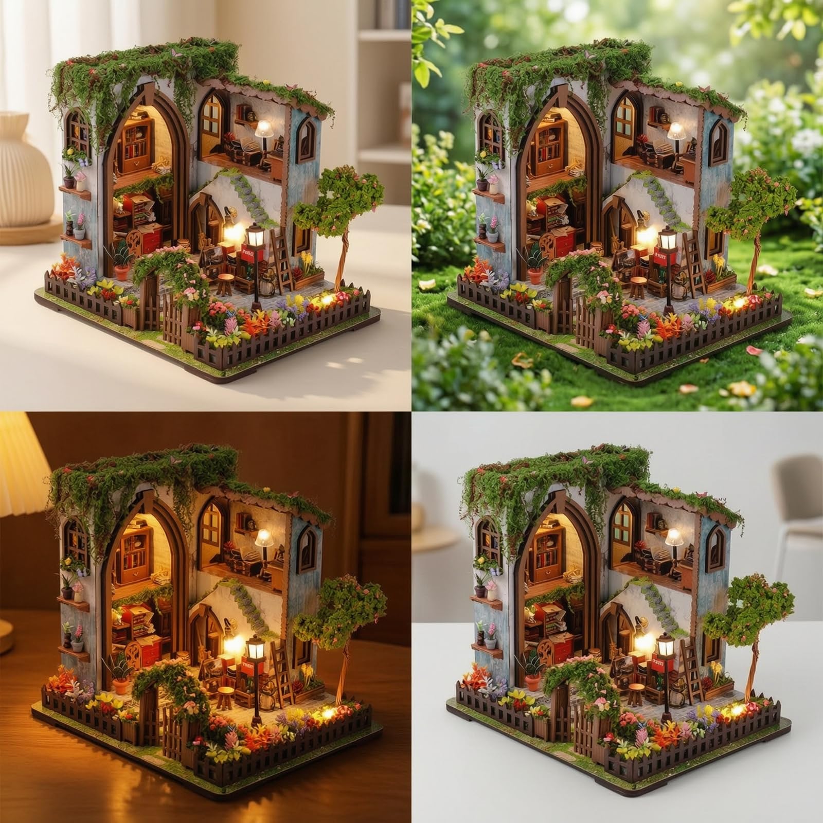 Casa in Miniatura Kit Fai da Te Modello Edificio Diorama Architettonico Scena Artistica con Arredi Miniature Fiori E Vegetazione Base Recintata E