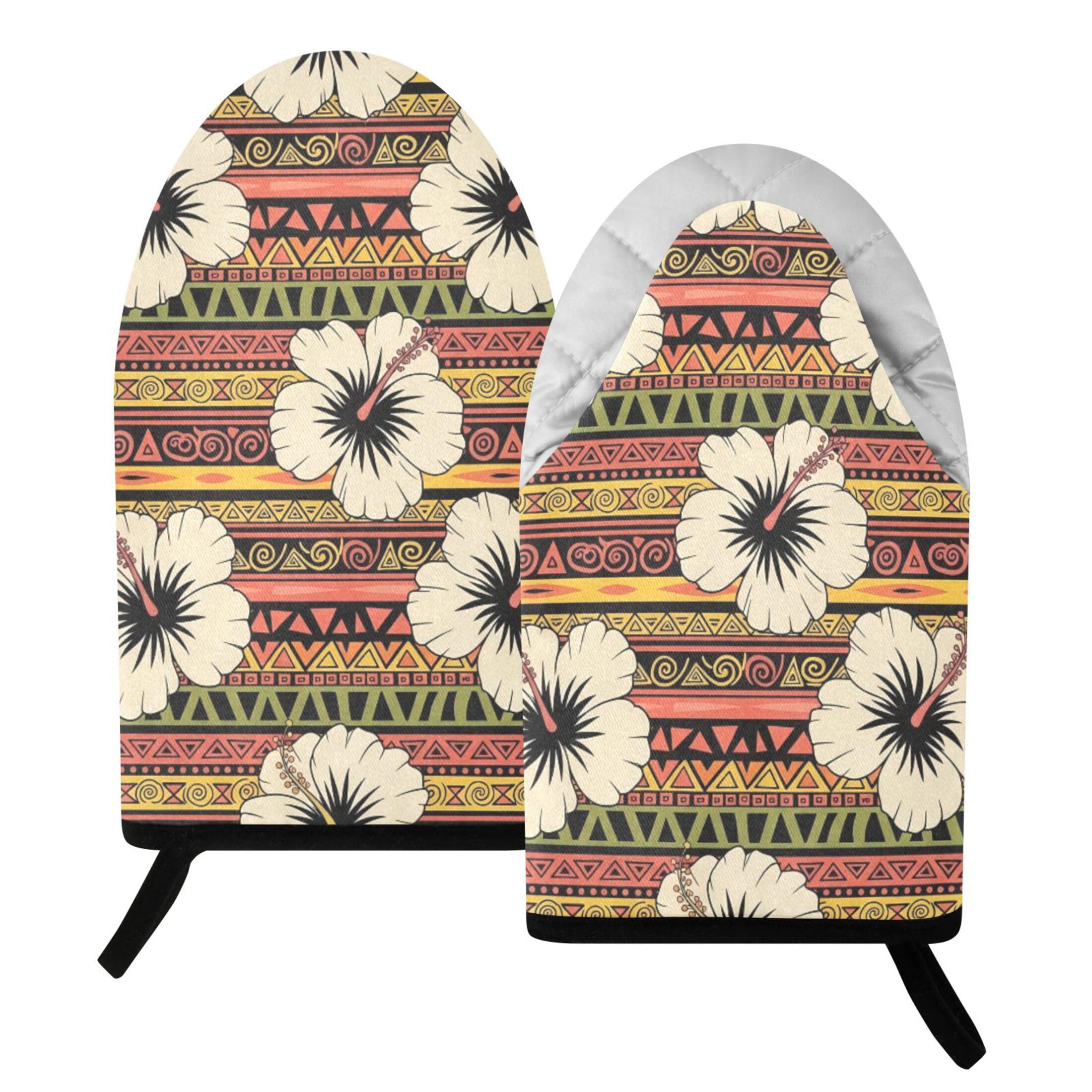 Fuauuyl Oven Mitts Heat Resistant Kitchen Gloves, Hibiscus Tribal Classic Oven Gloves with Hanging Loop for Baking BBQ Cooking Grilling, 1 Pair, 9.5 in