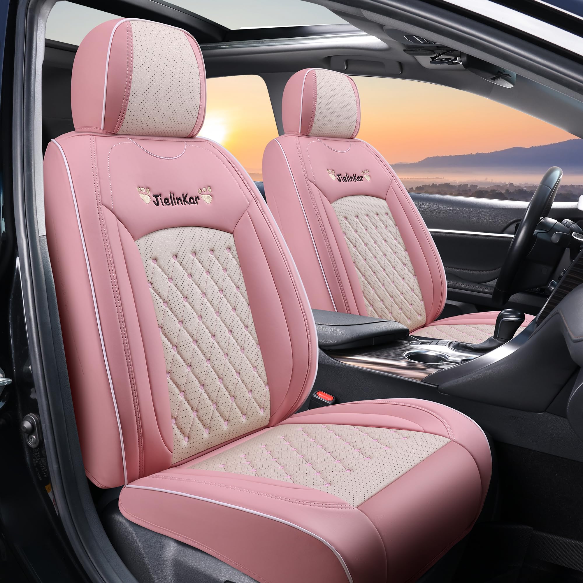 JielinKar Car Seat Covers Full Set Universal Auto Interior Accessories with Waterproof PU Leather for Cars SUV Pick-up Truck (Pink-Beige)