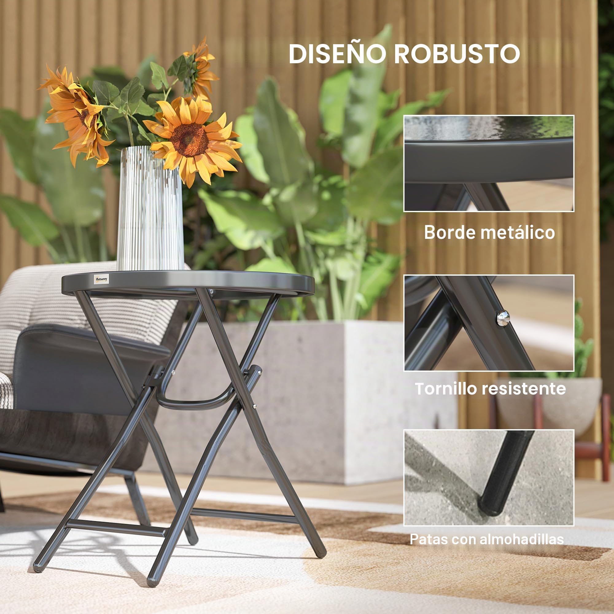 Outsunny - Mesa baja redonda para jardín, diámetro 60 x 50 cm, plegable, metal, color negro