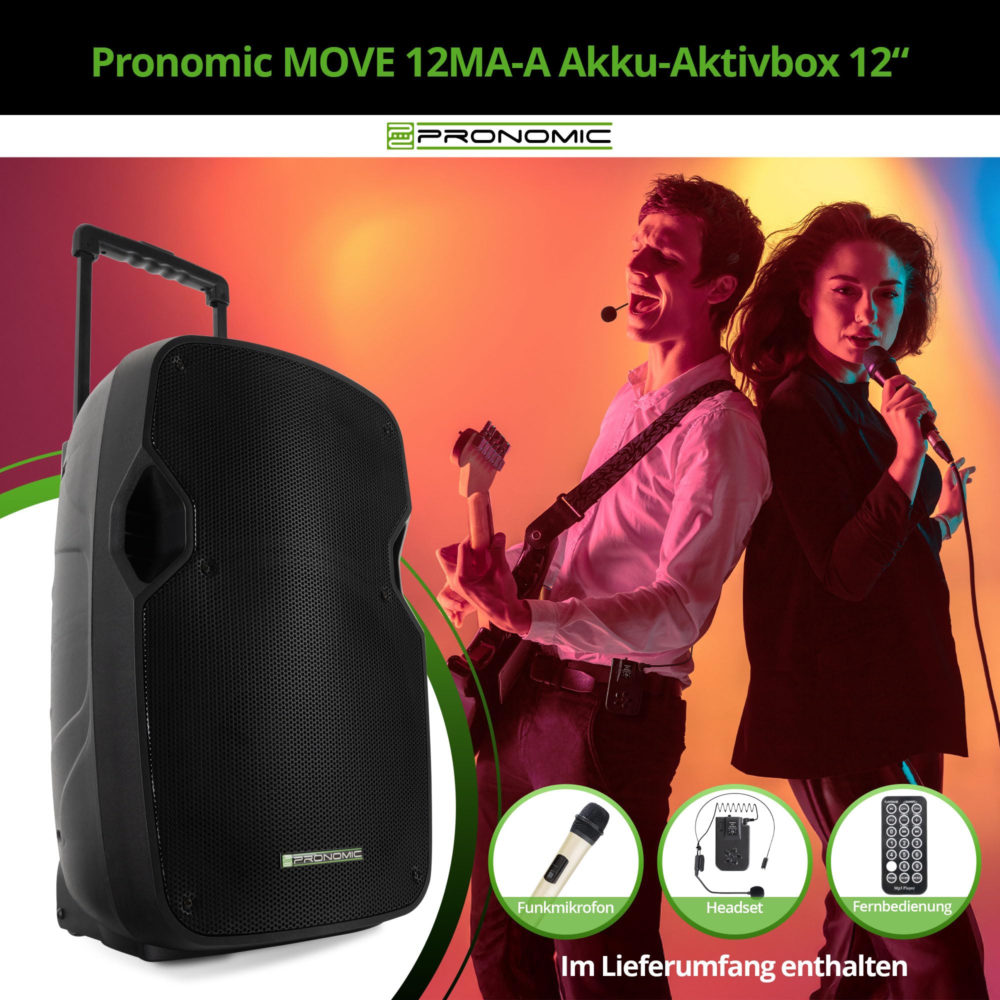 Pronomic Move 12" Partybox 2X Set - Mobile PA-Anlage Bluetooth Lautsprecher TWS - Musikbox mit leistungsstarkem Akku - Leistung 30W (RMS) - Inkl. Aktivbox, Funkmikrofon, Headset & Fernbedienung