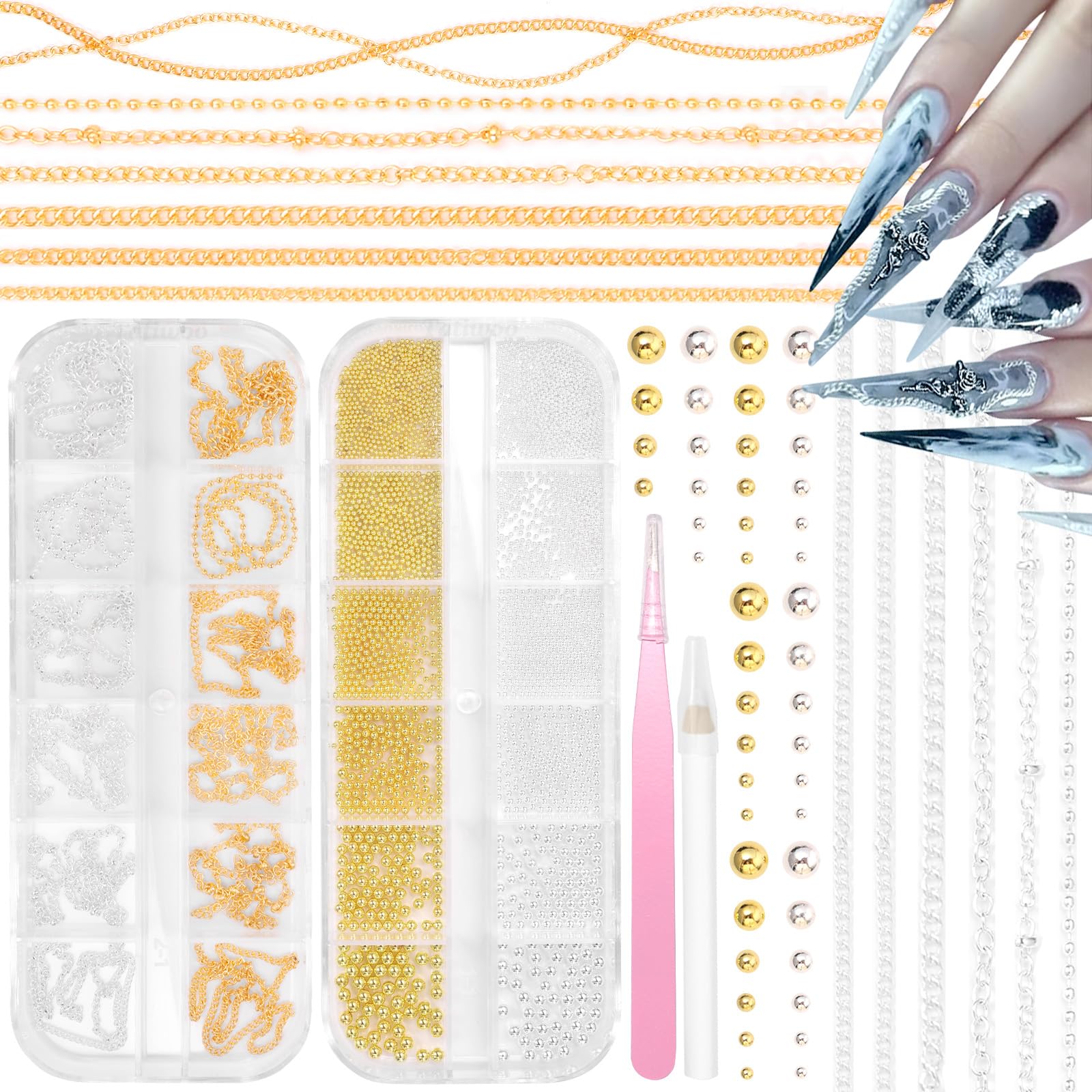 2 Boxes Nail Chain Charms and Round Beads for Nail Art, Gold Silver Line Nails Art Chains Mixed Sizes Round Caviar Steel Ball Nails Accessories for Acrylic Nails Tips Manicure Decor-image-34
