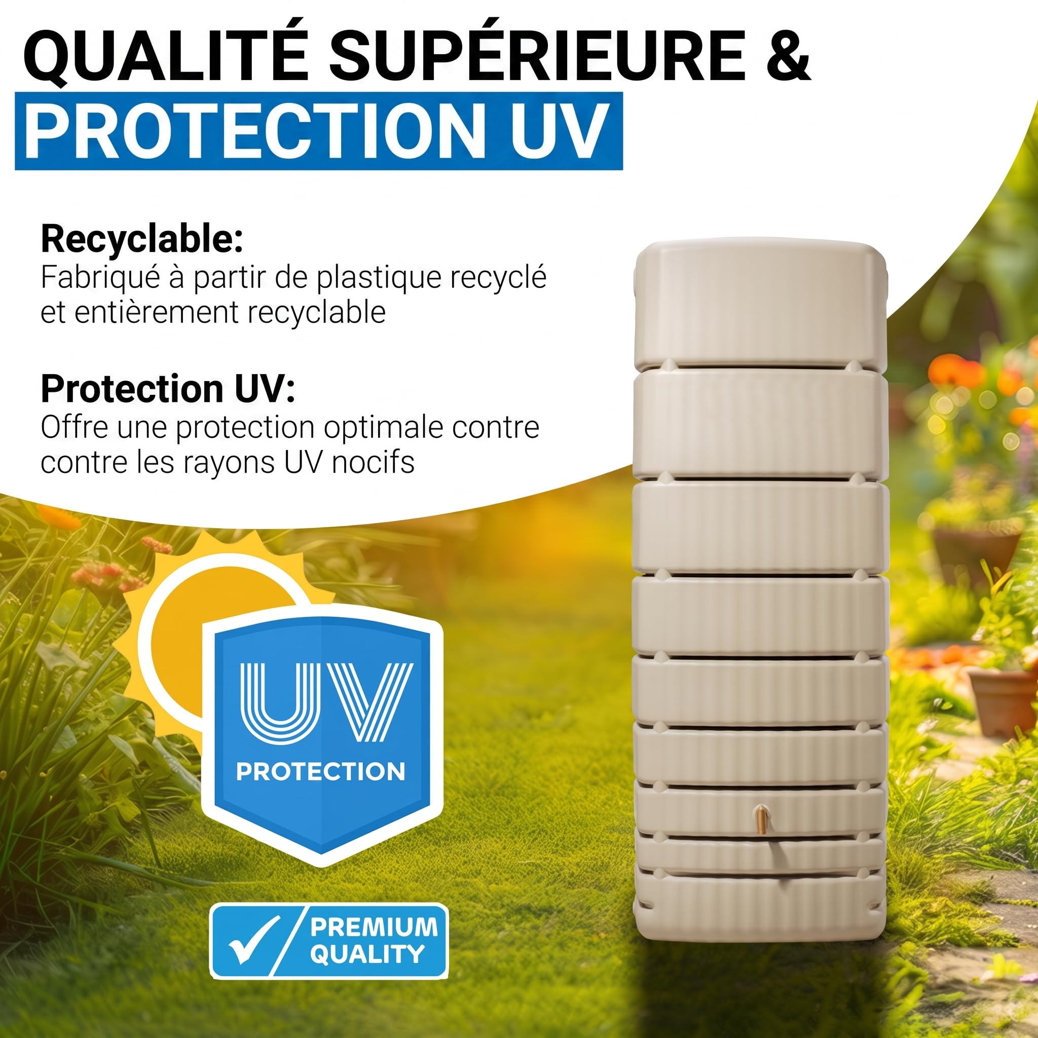 4rain Slim Récupérateur d’Eau de Pluie 650L Sable – Cuve Murale Robuste et élégante – Réservoir d’Eau de Pluie + Robinet PE Imitation Laiton – Solution Pratique et Durable de récupération