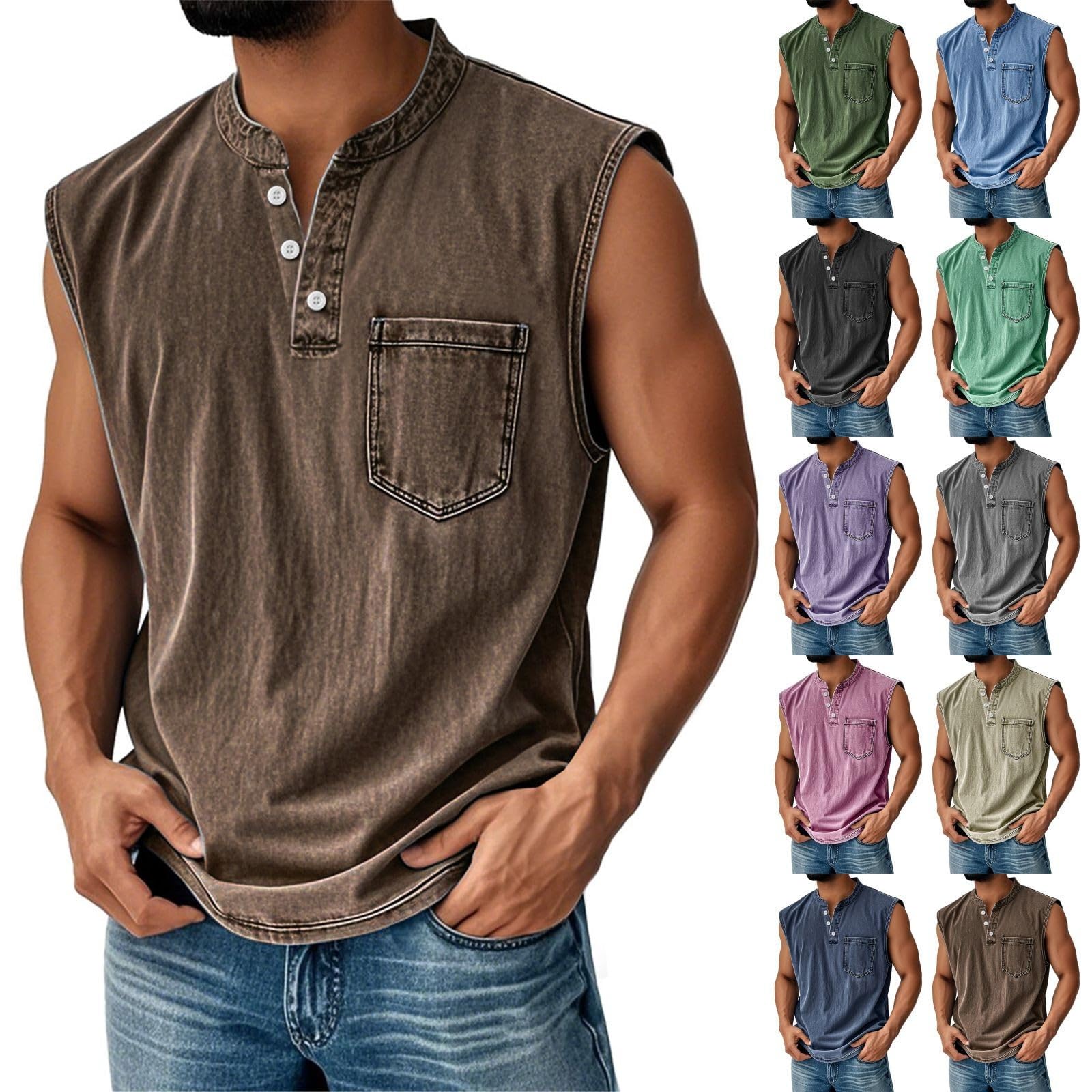 Bakgeerle Mens Tank Tops Summer Casual Workout Loose Fit Henley Shirts Lightweight Muscle Sleeveless Tee Shirts with Pockets