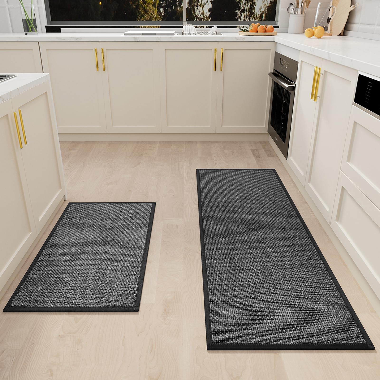 SUMLANS Kitchen Mat Set of 2 PCS, Cushioned Non Slip Rugs for Kitchen Floor, Absorbent Runner Comfort Standing Mats Washable for Kitchen, Office, Home, 17.3"x47"+17.3"x30" (Black)