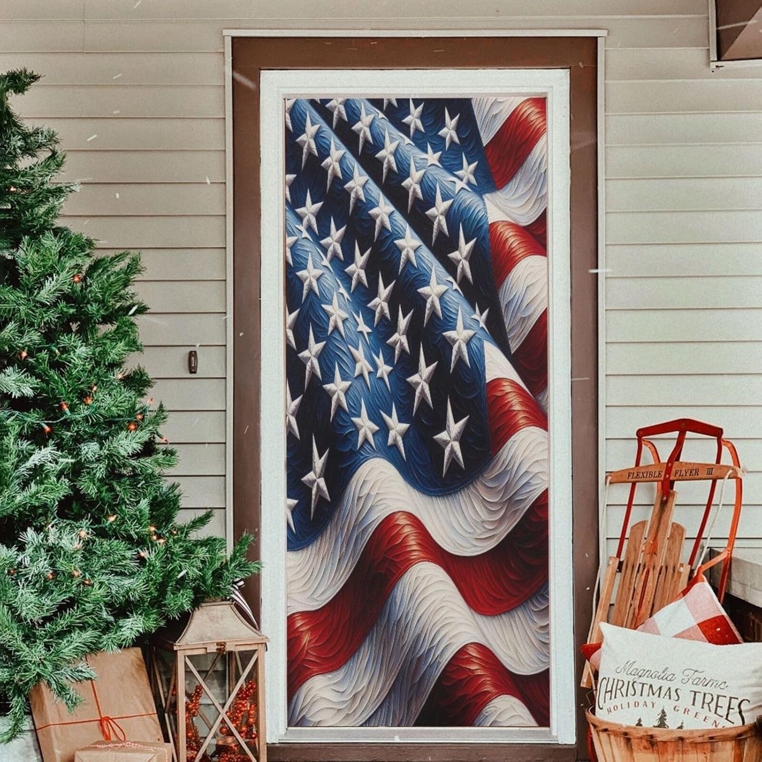 American Flag Flying Door Cover Stretchy Fabric Front Door Covers for Festive Party Holidays Home Decor, 32" x 79"