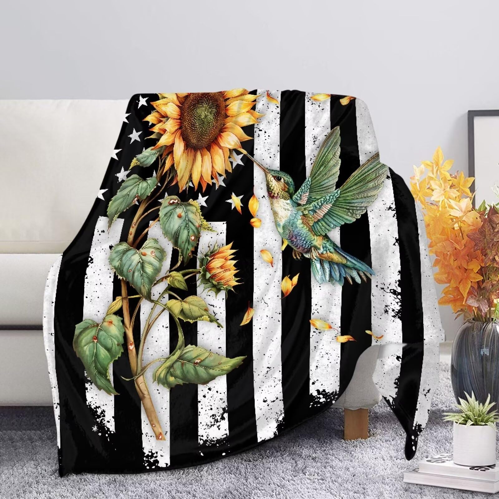 Allcute Sunflower Hummingbird Throw Blanket for Couch Sofa Throws Fluffy Soft Winter Fall Blanket Home Decor Living Room Black Throw Blankets