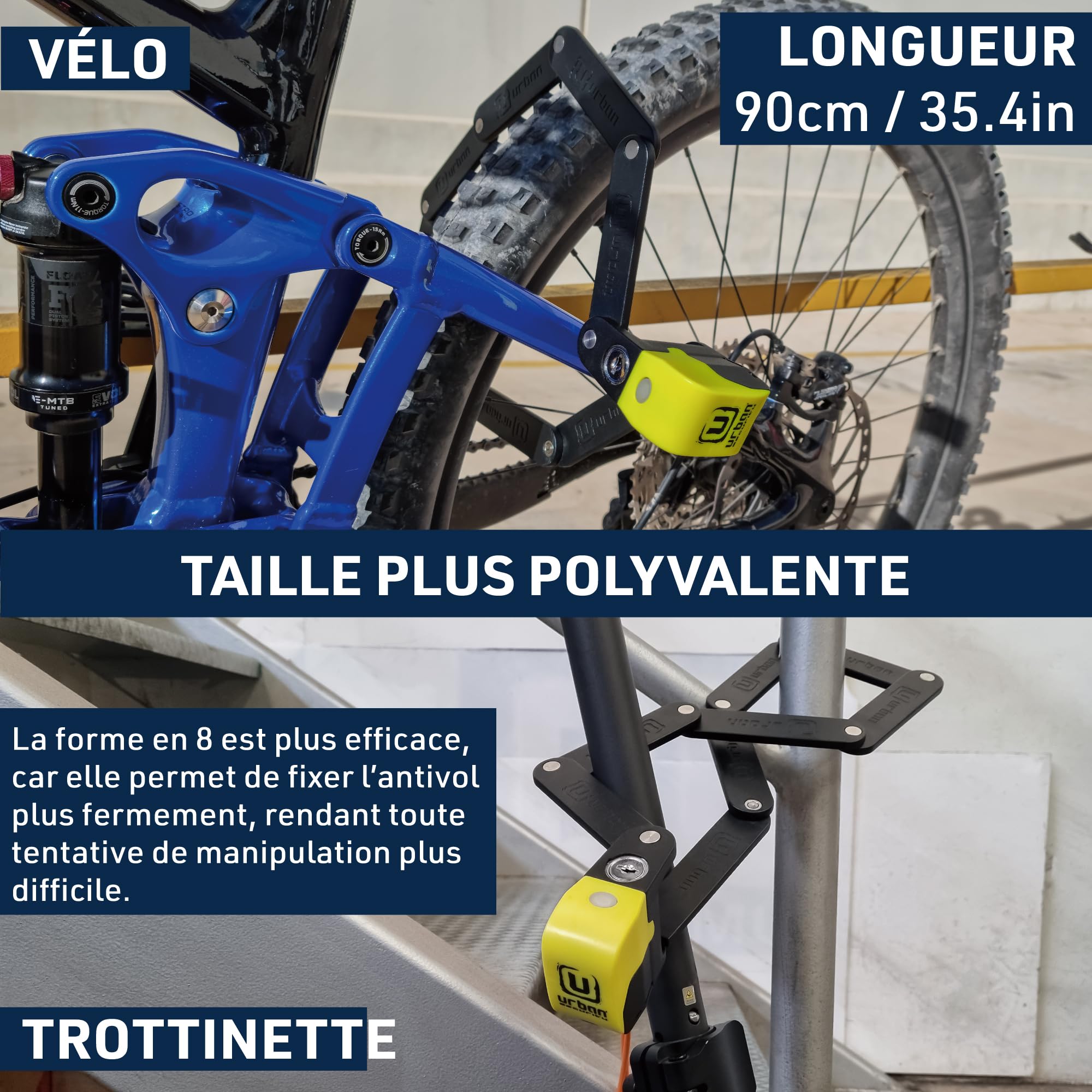URBAN UR476Y Innovant Antivol Velo avec et sans Alarme 120dB Hi-Tech, Antivol Pliable 2en1 Sécurisé, Support Plus Fonctionnel et Transport Sans Bruits, Cadenas Velo Trottinette Électrique 90cm