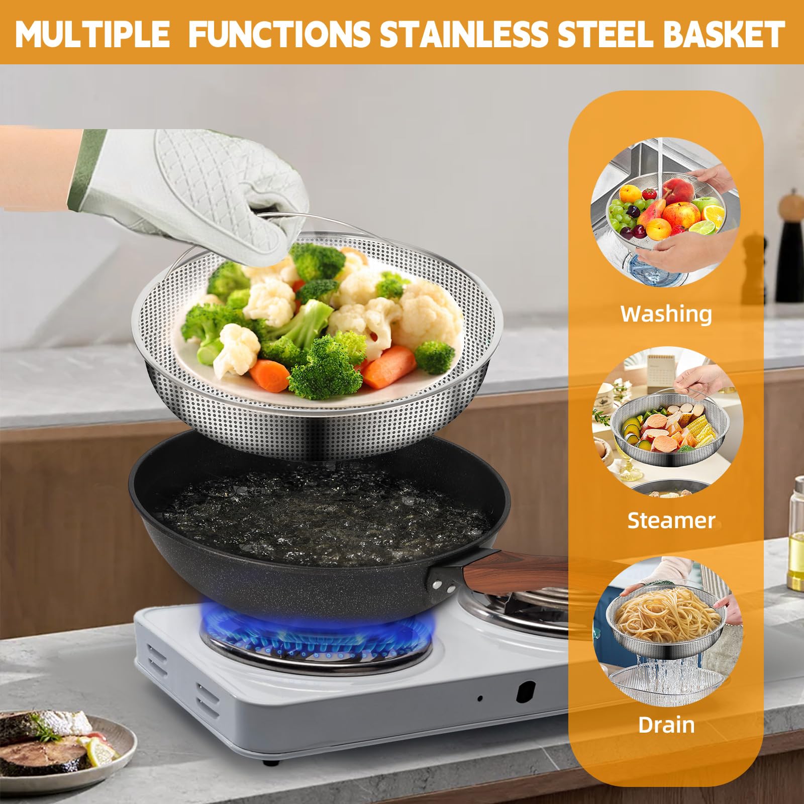 AOSION 33 cm antihaftbeschichtete Wok- und Bratpfannen, antihaftbeschichtet, Wok mit Deckel und Dampfkorb, Spatel, Schöpflöffel, 100% PFOA-freie Induktions-Wokpfanne für Elektro-, Gas-, Halogen-,